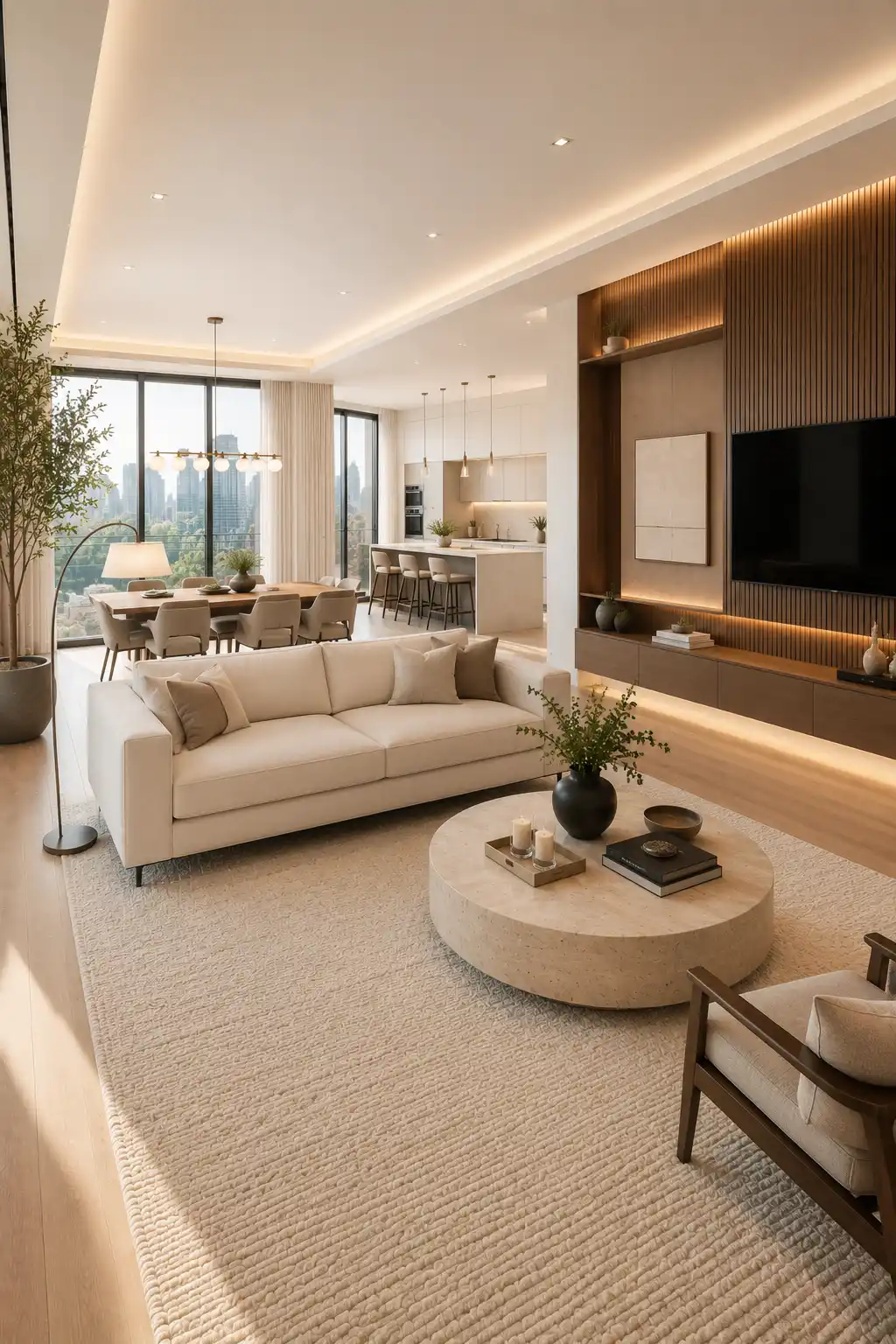 Luxury cream sectional used as a room divider in a small open floor plan featuring a large textured rug, round stone coffee table, custom walnut media wall, bright dining area, modern kitchen, floor-to-ceiling windows, warm wood flooring, neutral interior design, and spacious contemporary home layout.