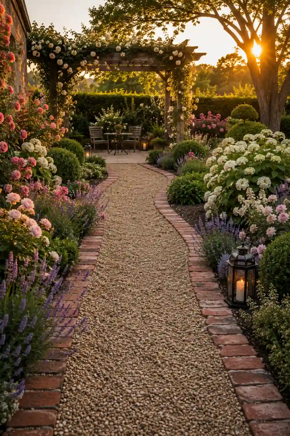 Brick border gravel garden path lined with blooming roses, hydrangeas, lavender, ornamental grasses, and a wooden pergola covered in climbing flowers, creating a charming backyard walkway with timeless landscape design.