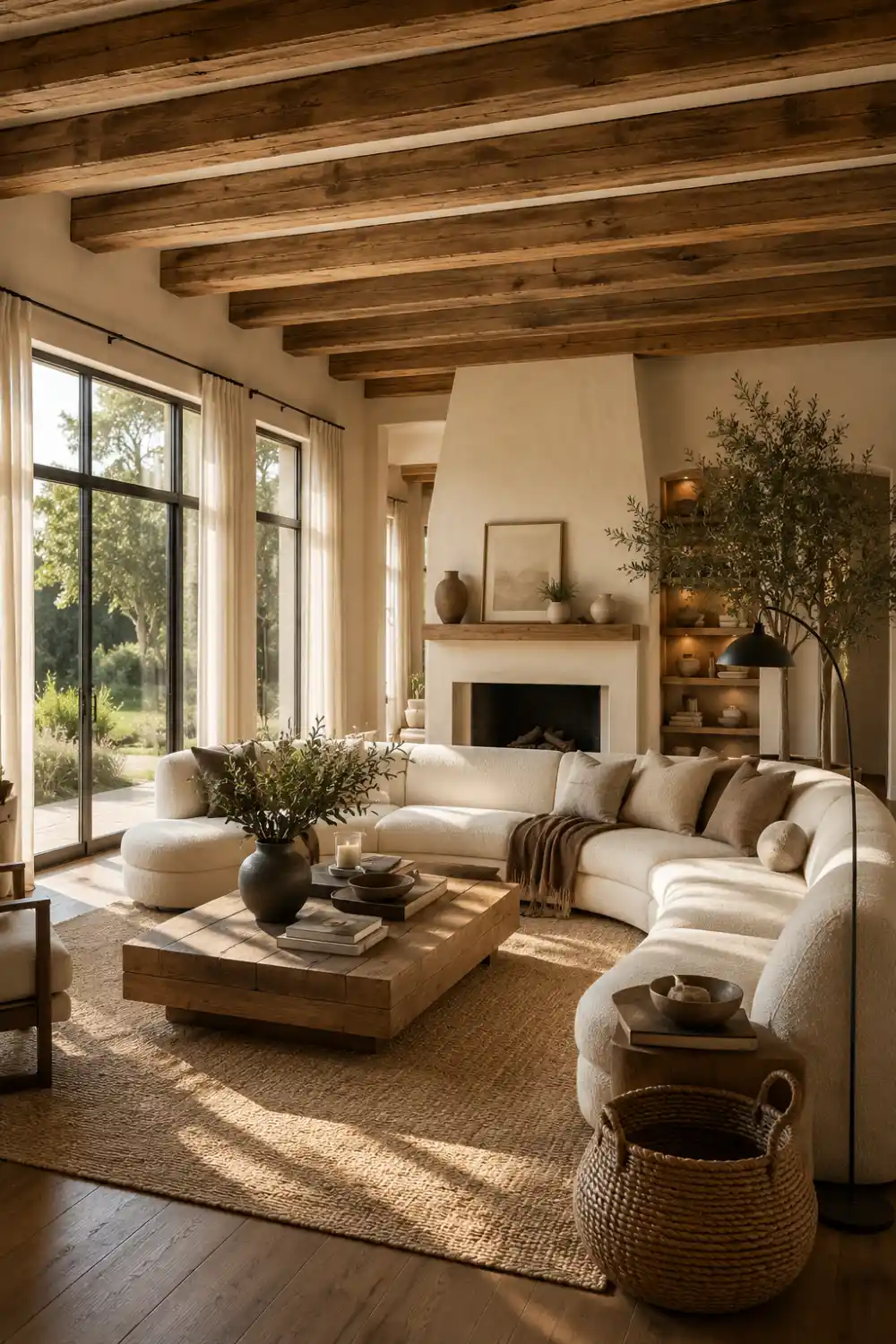 Cozy modern rustic living room with a cream linen sectional sofa, chunky knit throw blanket, layered neutral linen cushions, reclaimed wood ceiling beams, handcrafted oak coffee table, textured woven rug, black floor lamp, oversized windows, flowing linen curtains, ceramic décor, and warm natural sunlight creating a soft inviting atmosphere.