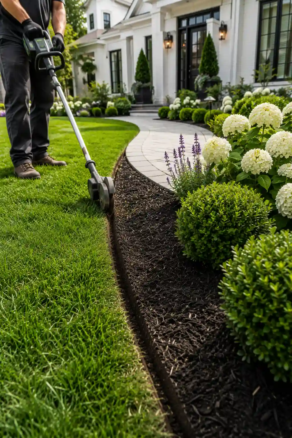 Professional lawn edging tool creating crisp borders between lush green grass, mulch beds, hydrangeas, and curved stone pathways in a luxury front yard for clean landscaping, curb appeal, and expert lawn maintenance.