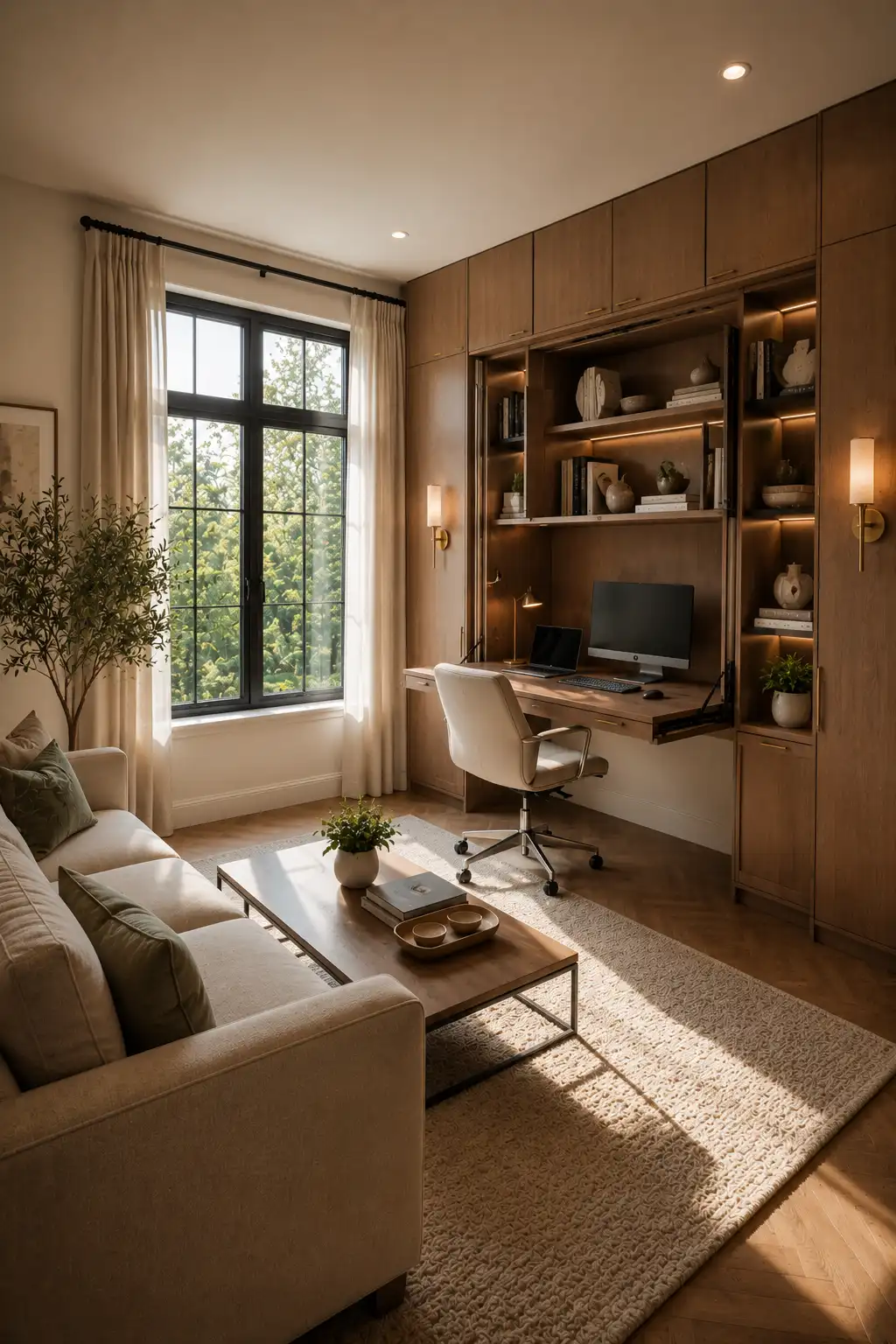 Hidden cabinet home office with fold out desk, custom floor to ceiling cabinetry, concealed storage, built in shelving, warm LED lighting, ergonomic chair, premium wood finishes, and a multifunctional workspace that disappears when closed.