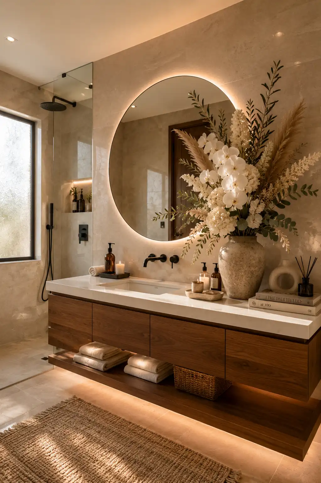 Luxury guest bathroom decorated with a large ceramic vase filled with realistic white orchids, pampas grass, eucalyptus stems, candles, and modern vanity accessories creating elegant spa inspired bathroom decor.