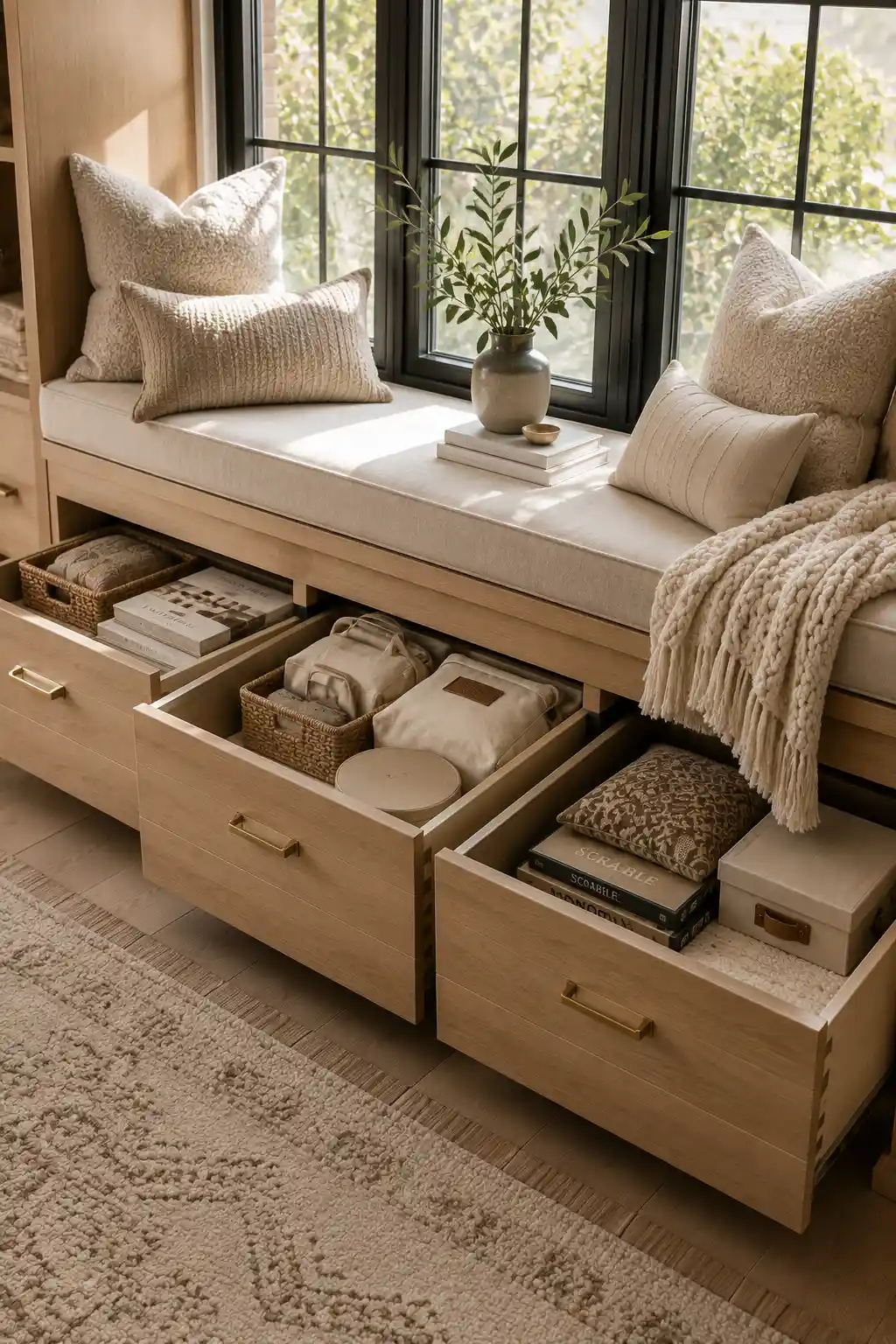Custom built window seat with hidden storage drawers beneath a cozy cushioned bench, featuring woven baskets, folded blankets, books, and decorative pillows, creating a stylish reading nook with extra storage in a small bedroom.
