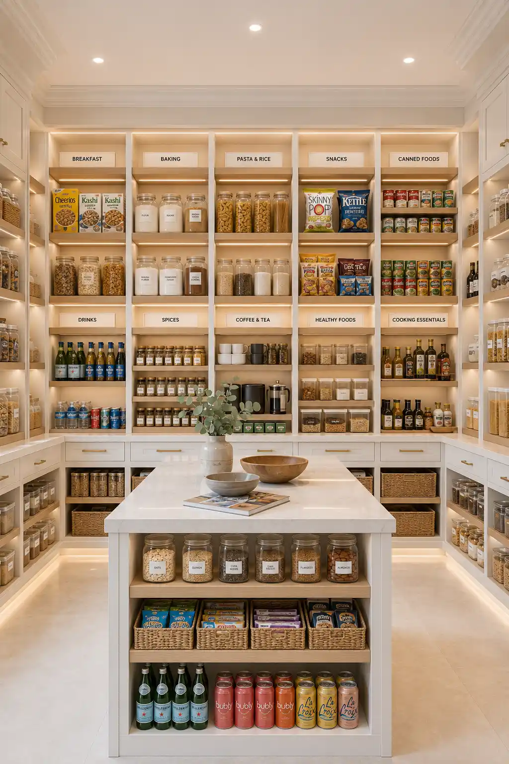 Luxury pantry divided into organized storage zones with dedicated shelves for breakfast foods, baking supplies, snacks, pasta, canned goods, beverages, spices, matching glass jars, acrylic containers, LED lighting, and modern pantry organization ideas for efficient kitchen storage.