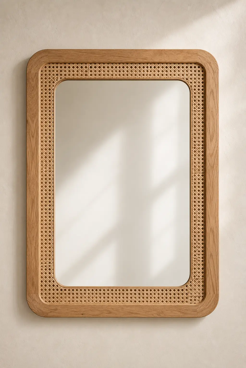 Cane webbing mirror frame featuring a handcrafted oak wall mirror with authentic woven rattan cane panels and softly rounded corners. Mounted on a warm neutral wall, this elegant DIY mirror frame is perfect for Scandinavian décor, Japandi interiors, coastal home styling, modern organic design, bedroom mirror inspiration, and natural wood furniture lovers.