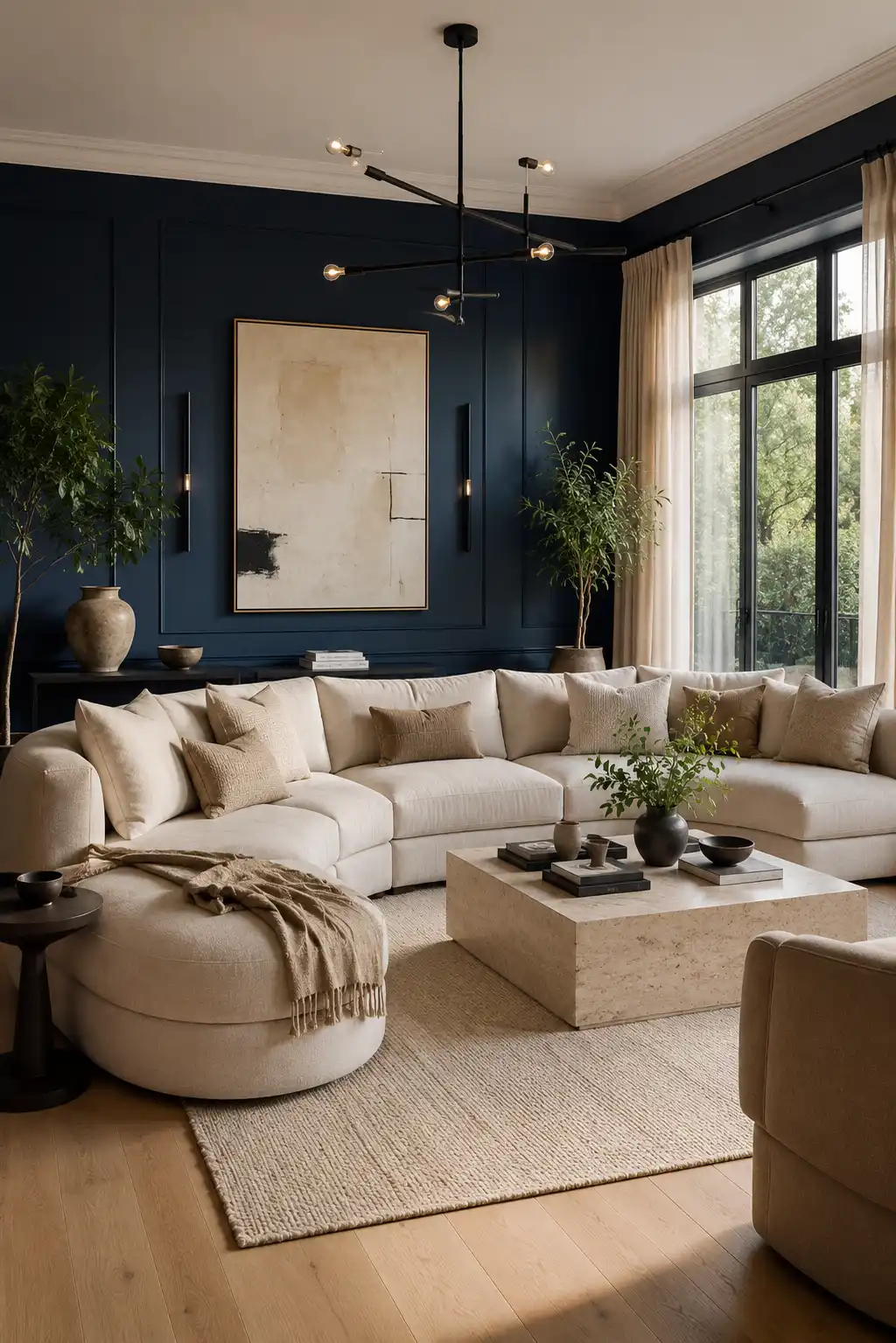 Luxury midnight blue and warm beige living room featuring deep midnight blue wall paneling, oversized warm beige sectional sofa, large travertine coffee table, textured neutral rug, matte black modern chandelier, black wall sconces, oversized artwork, indoor olive trees, linen curtains, floor to ceiling windows, and elegant contemporary interior styling.