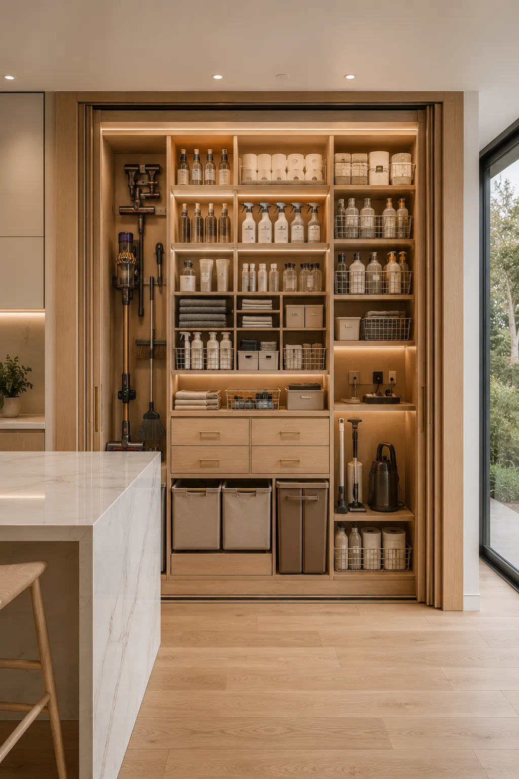 Luxury hidden utility cabinet featuring organized cleaning supplies, cordless vacuum storage, broom holder, pull out bins, towels, spray bottles, charging station, custom shelving, warm LED lighting, concealed kitchen organization, white oak cabinetry, and modern hidden storage solutions.