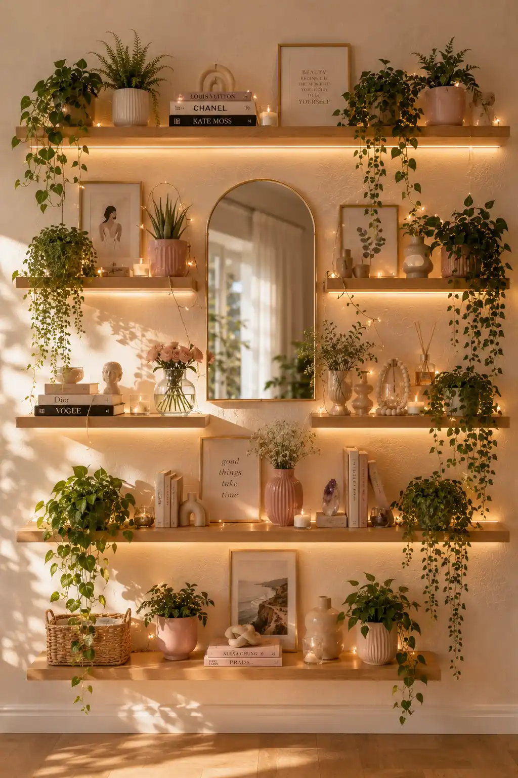 Floating wooden shelves filled with lush indoor plants, candles, books, ceramic decor, warm LED lighting, arched mirror, and cozy botanical teen girl bedroom wall inspiration.