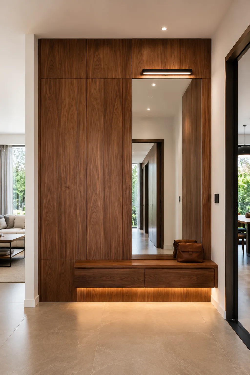 Luxury walnut entryway feature wall with hidden storage cabinets, floating bench with concealed drawers, full height mirror, warm LED lighting, seamless built in cabinetry, and elegant modern hallway design with clean architectural lines.