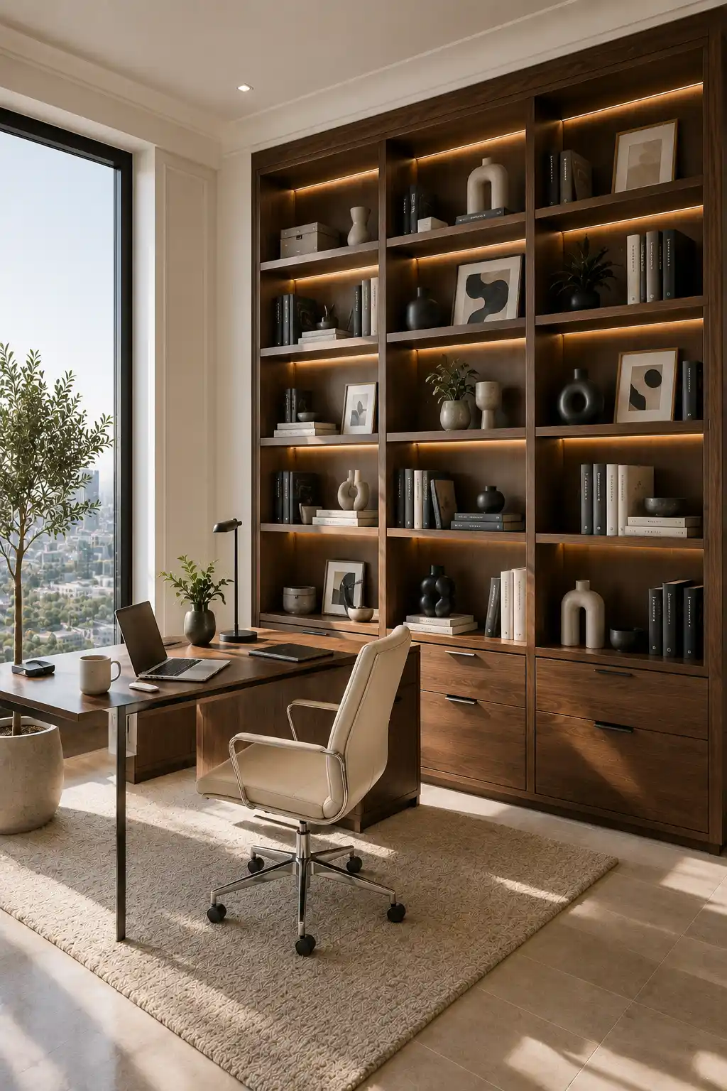 Modern small home office ideas featuring floor to ceiling built in bookshelves, rich wood cabinetry, integrated LED lighting, executive desk, ergonomic office chair, organized storage, decorative shelving, luxury workspace, sophisticated home office inspiration.