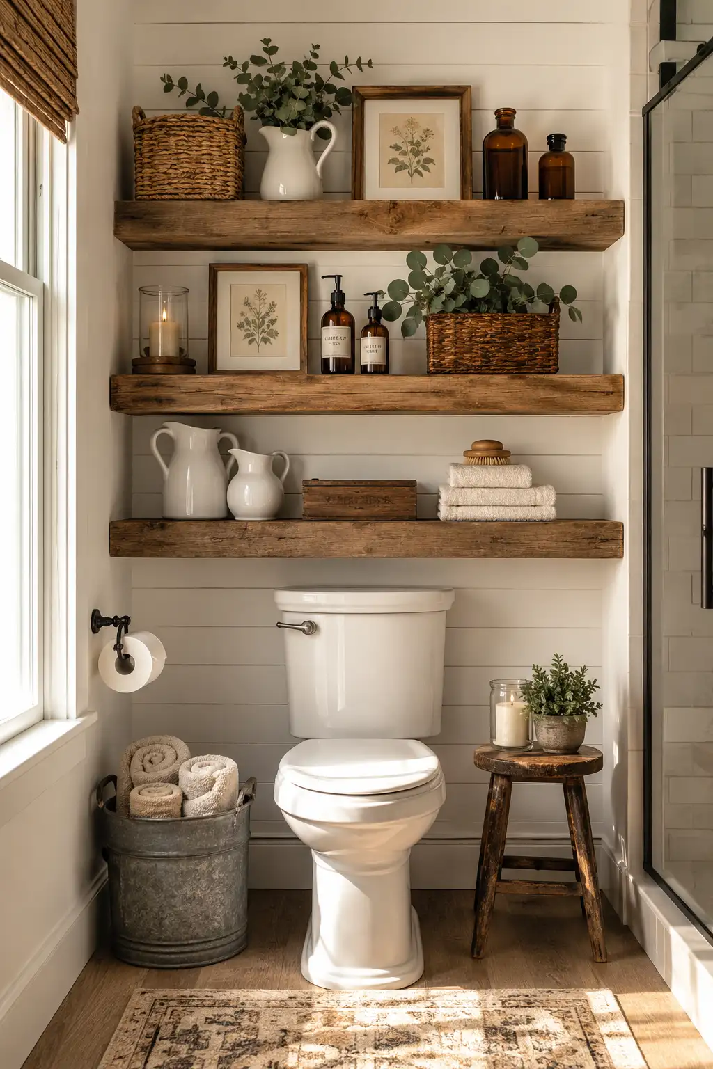 Floating wooden shelves above the toilet decorated with woven baskets, framed botanical artwork, amber bottles, candles, folded towels, eucalyptus, modern bathroom storage ideas, luxury bathroom shelf styling, small bathroom organization inspiration.