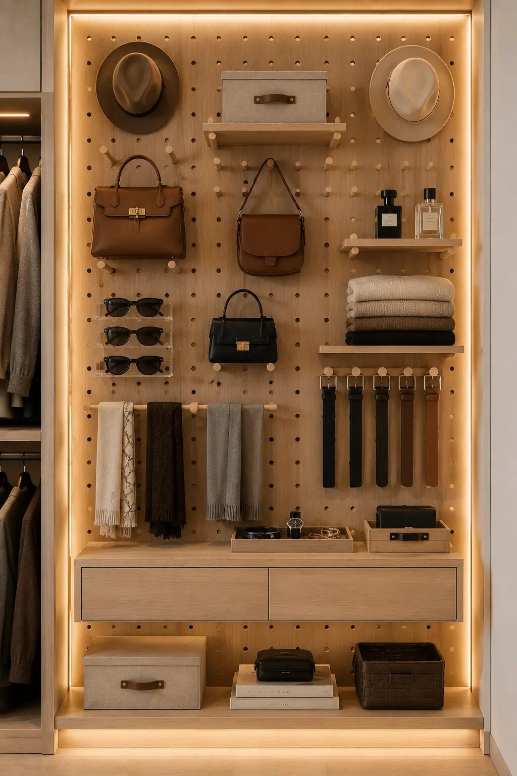 Custom pegboard storage wall inside a modern luxury closet featuring handbags, hats, belts, scarves, sunglasses, floating shelves, premium wood pegs, warm LED lighting, organized accessories, flexible wall storage, and creative small closet organization ideas for maximizing vertical space.