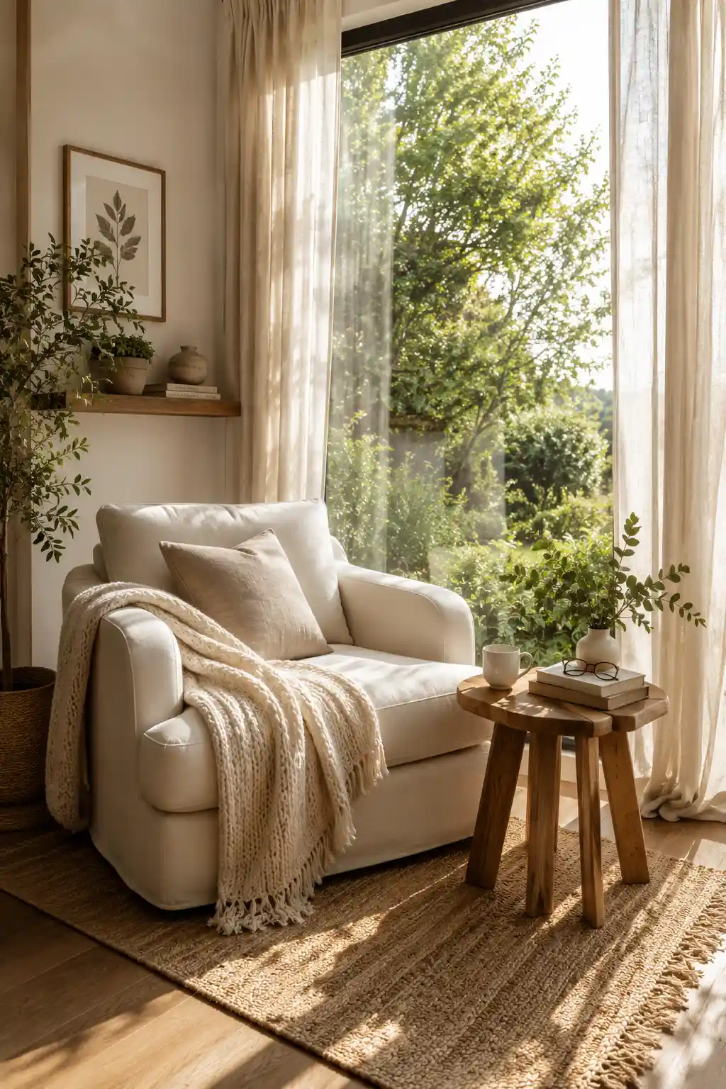 Sunlit window reading chair with soft cream armchair, wooden side table, chunky knit throw, botanical decor, large floor to ceiling windows, and bright cozy reading nook with beautiful garden views.