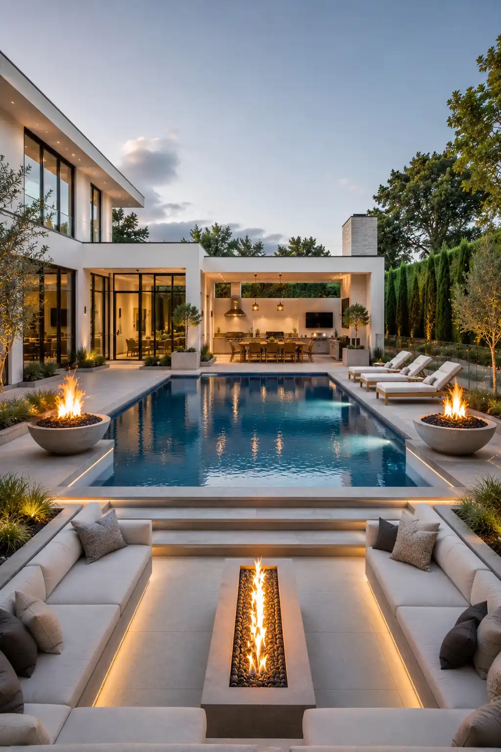 Modern luxury backyard pool with decorative fire bowls, linear fire pit lounge, premium outdoor sofas, covered outdoor kitchen, contemporary architecture, porcelain pavers, elegant landscape lighting, and resort inspired backyard entertaining space.