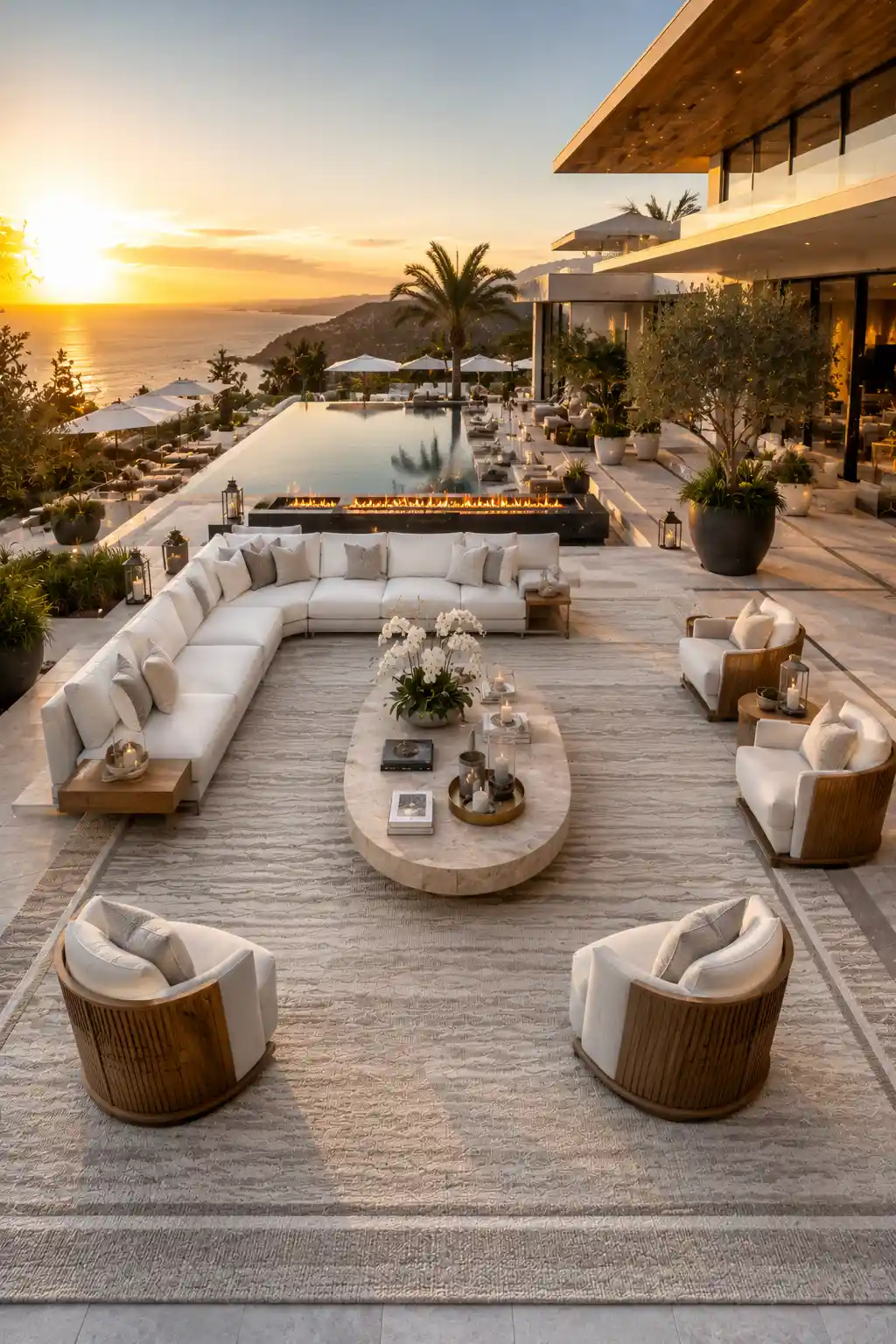 Luxury resort style outdoor patio featuring an oversized neutral outdoor rug beneath a white modular sectional, curved designer lounge chairs, oval travertine coffee table, infinity pool, linear fire feature, oversized planters, palm trees, breathtaking ocean views, and a five star resort inspired outdoor living space.