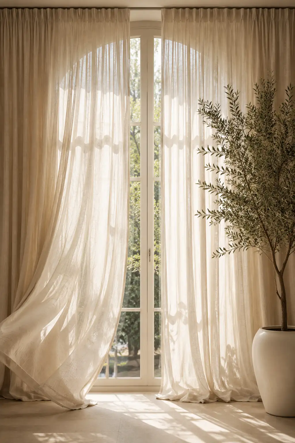 Floor to ceiling ivory Belgian linen curtains softly filtering bright spring sunlight beside a mature indoor olive tree in a ceramic planter creating an airy luxury living room with elegant neutral decor.