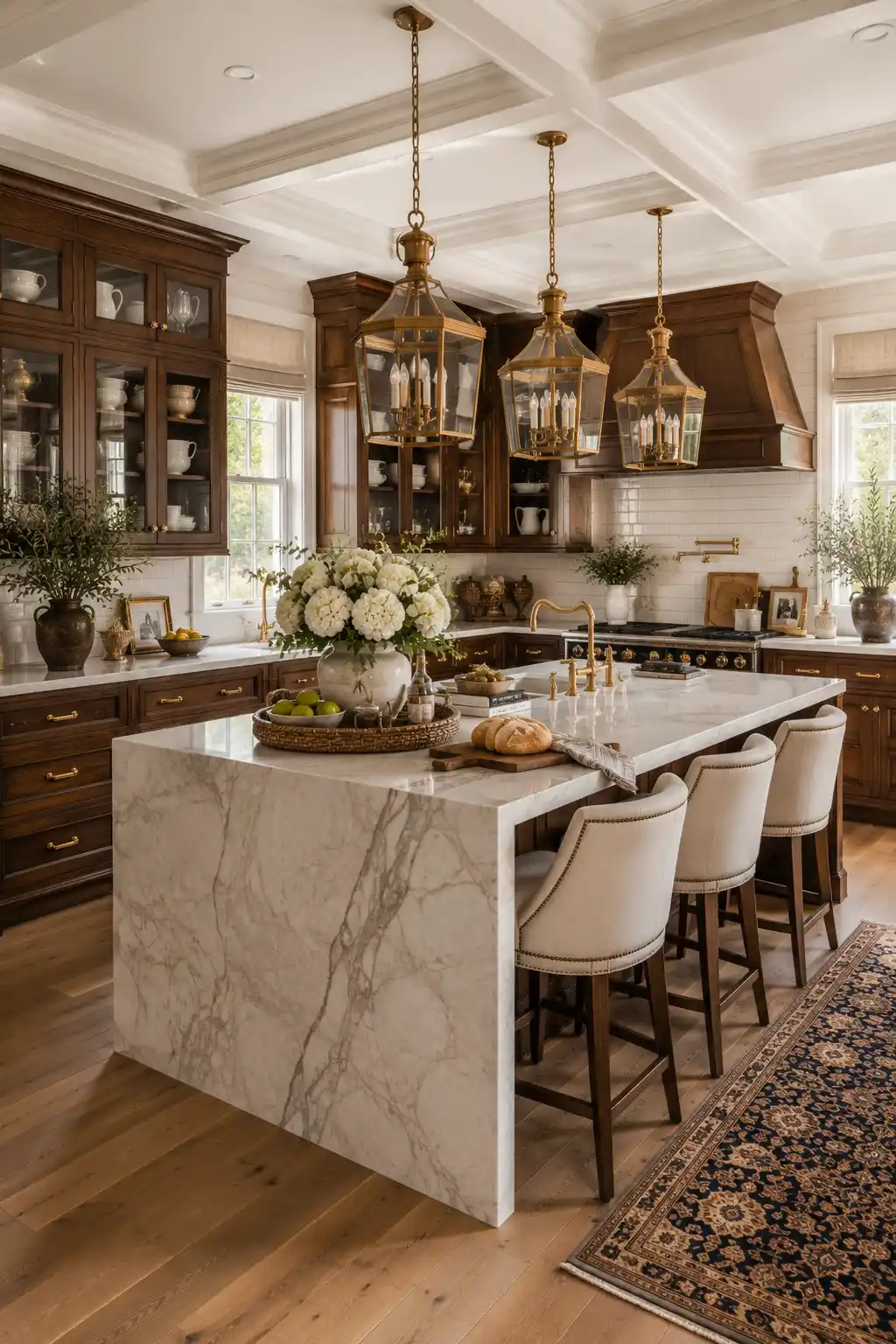 Luxury Ralph Lauren kitchen with rich walnut cabinetry, waterfall marble island, brass pendant lanterns, cream upholstered counter stools, custom range hood, hardwood flooring, elegant floral centerpiece, brass fixtures, classic traditional kitchen styling, and timeless high end home decor inspiration.