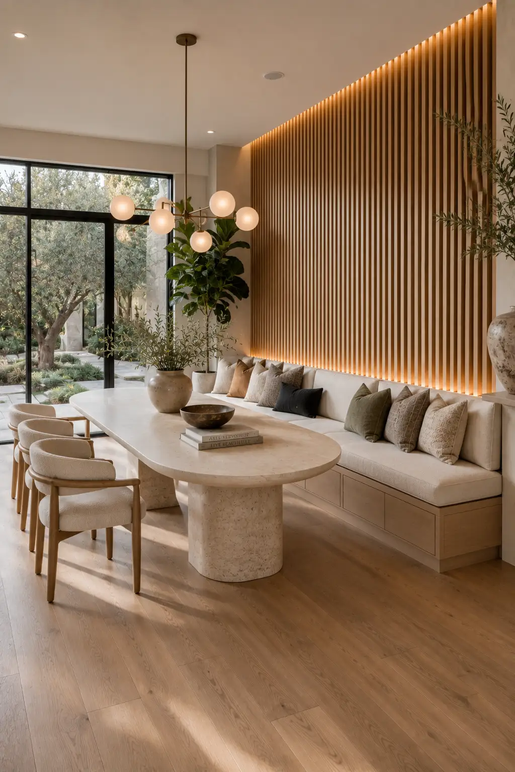 Modern wood slat banquette wall with built in bench seating, warm LED lighting, oval travertine dining table, globe chandelier, contemporary dining room, luxury breakfast nook, minimalist dining space, custom wood slat feature wall, elegant banquette ideas.