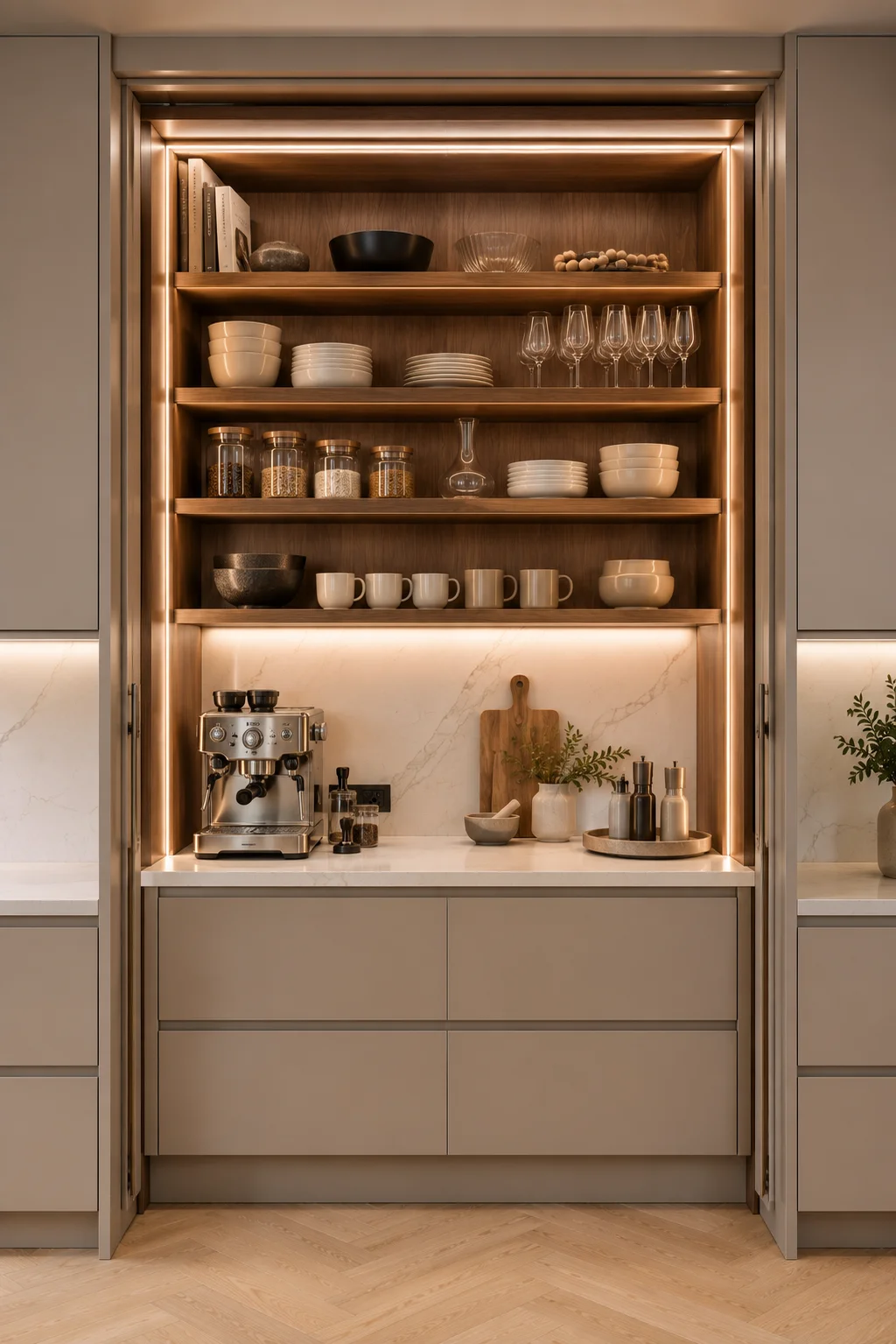 Luxury appliance garage kitchen cabinet with hidden coffee station, espresso machine, coffee accessories, mugs, pantry jars, open walnut shelving, integrated LED lighting, and spacious countertop workspace. Modern kitchen corner cabinet designed to hide small appliances while maintaining a clean organized appearance.