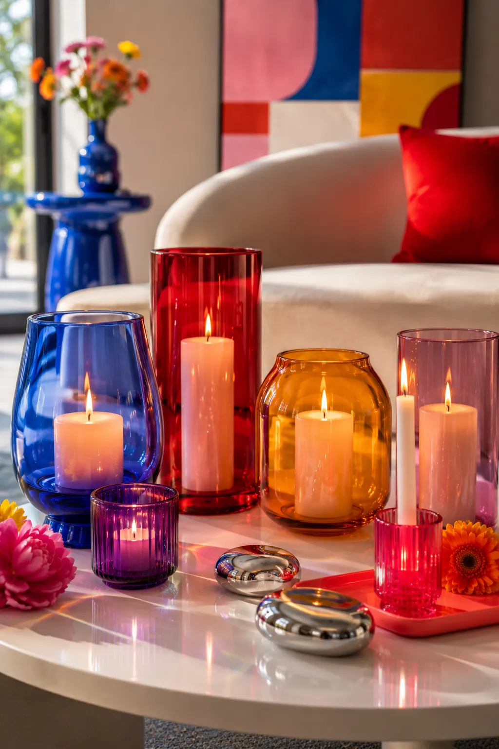 Modern coffee table display featuring glowing candles inside colorful blue, red, amber, pink, and purple glass holders, surrounded by bright seasonal flowers, chrome decorative objects, and colorful reflections in a contemporary living room.
