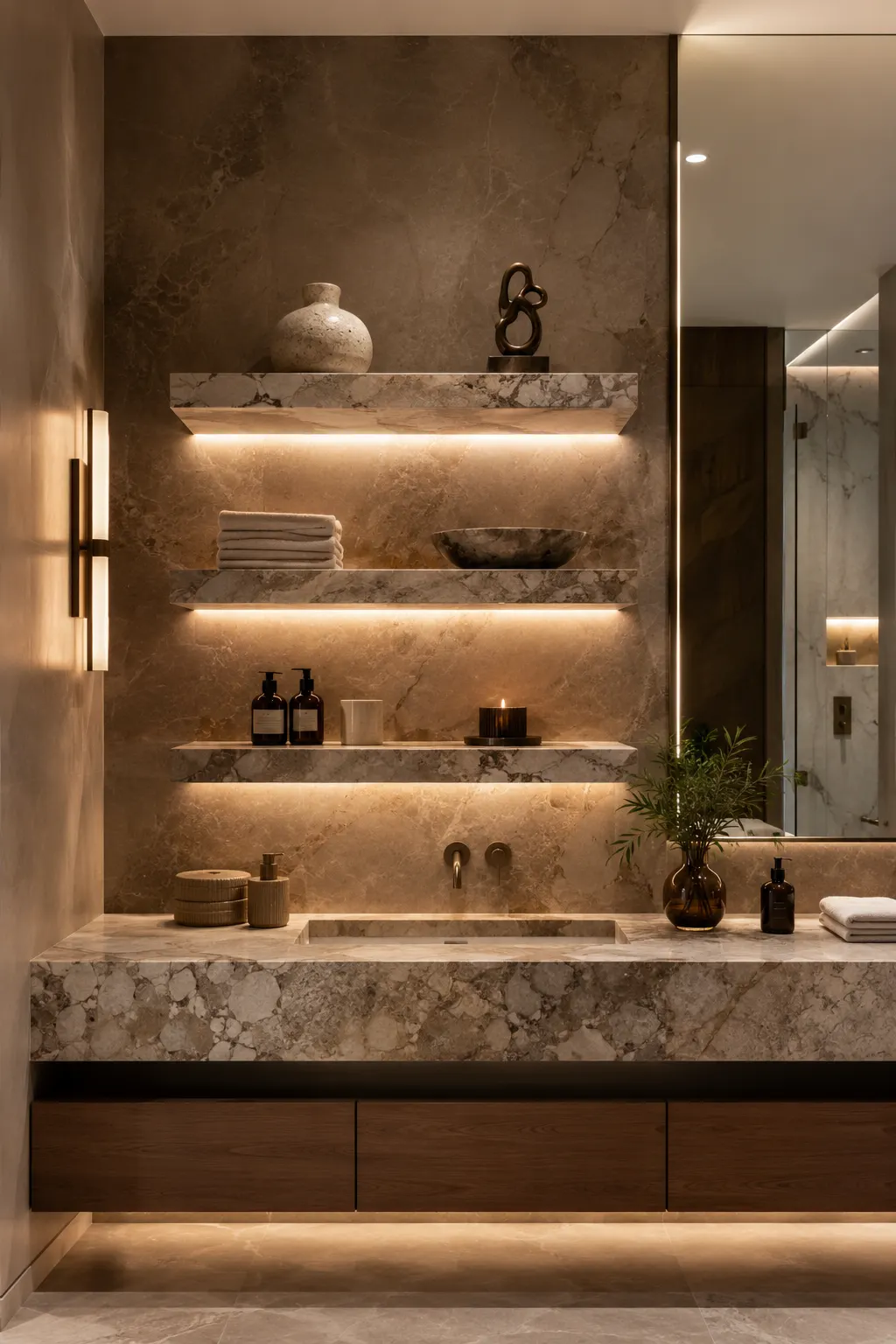 Luxury bathroom vanity featuring thick floating marble slab shelves with warm under shelf lighting, folded towels, ceramic decor, skincare bottles, candles, and elegant modern bathroom storage.