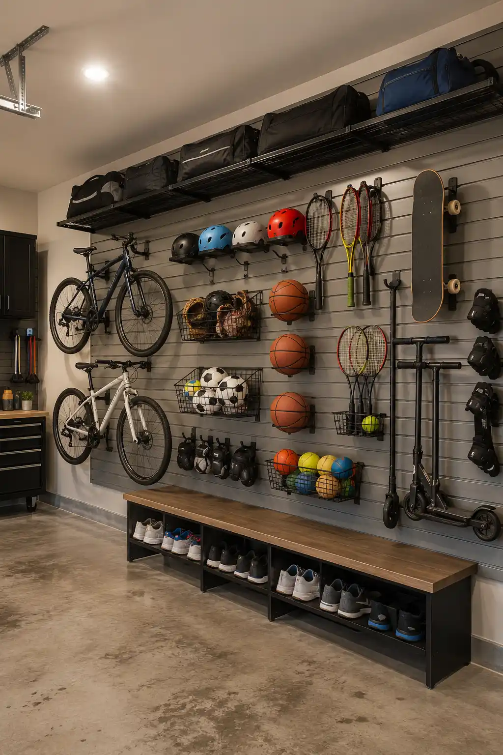 Organized family garage featuring a full wall slatwall sports storage system with mounted bicycles, helmets, basketballs, soccer balls, tennis rackets, skateboards, scooters, protective gear, and wire storage baskets. A long storage bench with shoe cubbies creates a practical sports equipment organization zone while keeping the garage floor clear.