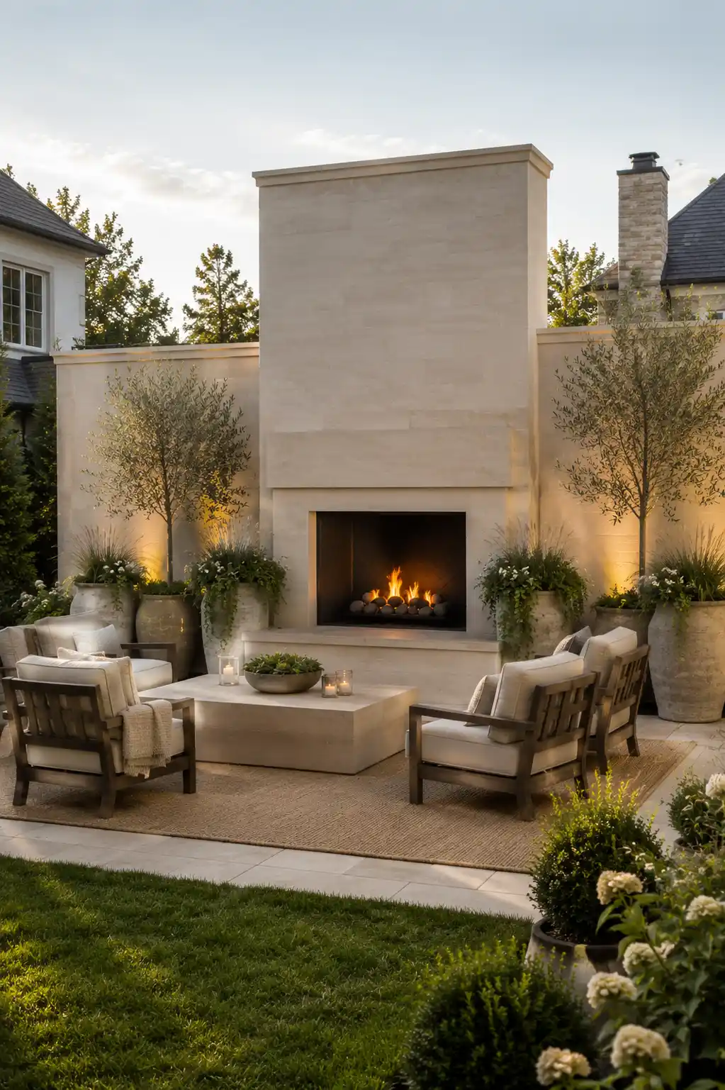 Elegant backyard lounge with a tall limestone outdoor fireplace privacy wall, comfortable cushioned armchairs, a large stone coffee table, sculptural trees, oversized planters, and soft landscape lighting.