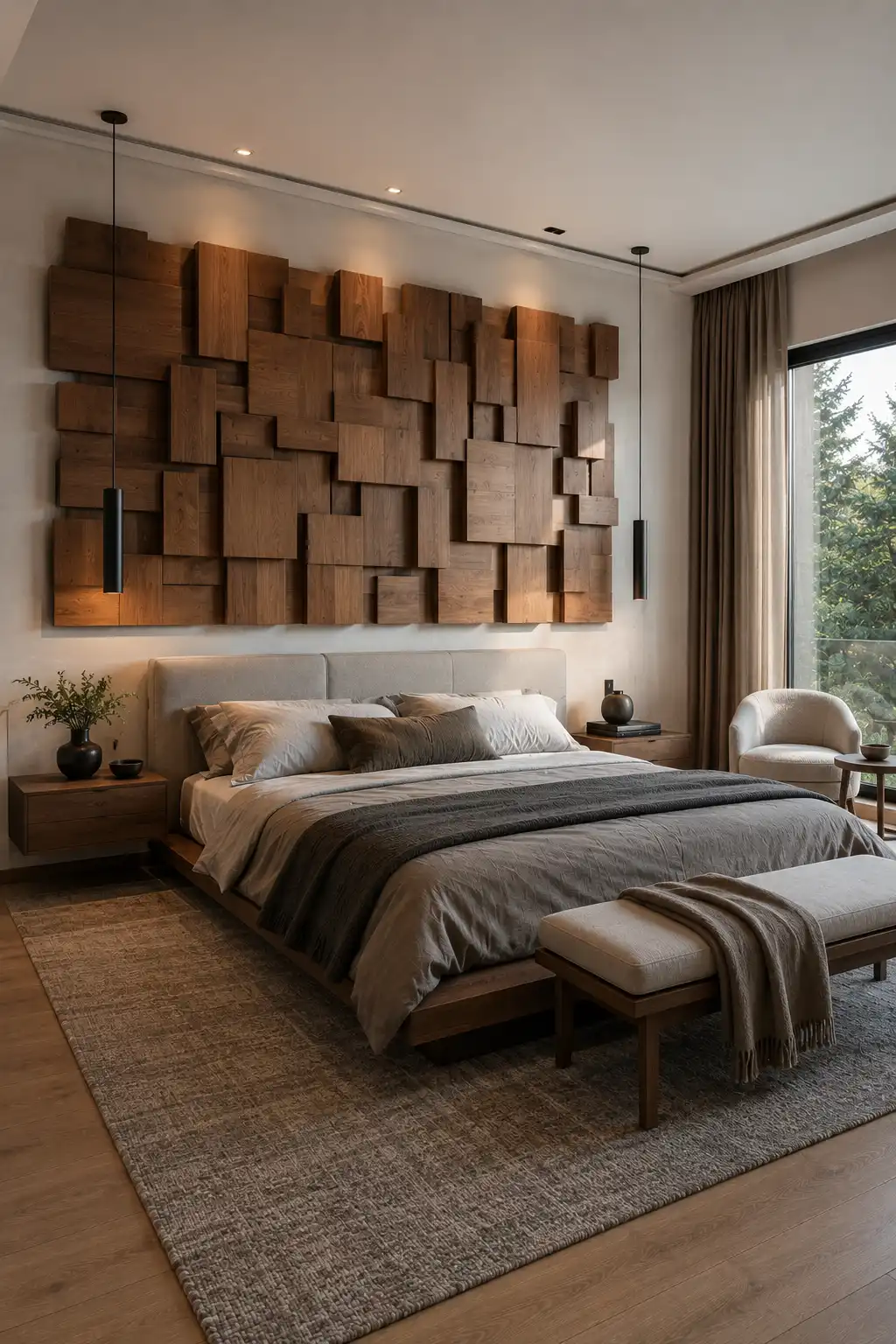 Modern bedroom featuring a large geometric wood block wall installation above the upholstered headboard, layered timber blocks in varied depths, warm natural wood grain, neutral bedding, pendant lights, wood nightstands, and sophisticated contemporary decor.