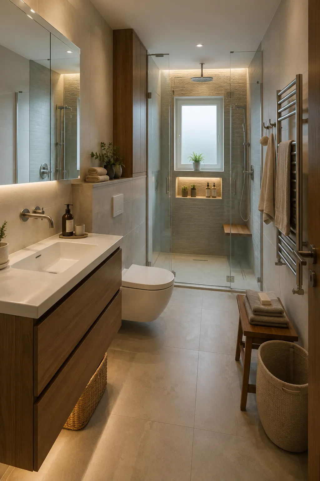 Compact urban spa bathroom featuring a space saving floating vanity, large mirrored storage cabinet, wall hung toilet, full width glass walk in rain shower, recessed illuminated niche, compact shower bench, heated towel rail, slim storage, and continuous stone flooring.