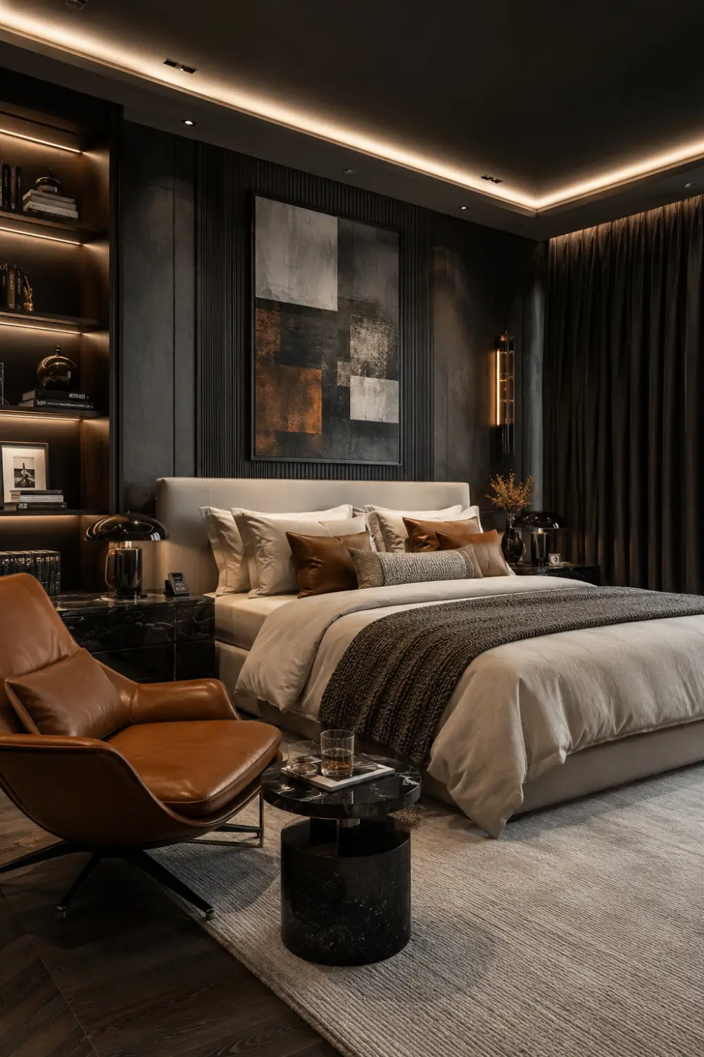 Modern charcoal gray bedroom with warm ivory bedding, cognac leather chair, black marble furniture, luxury masculine bedroom, dramatic bedroom decor, contemporary interior design, elegant room color combination, luxury apartment bedroom, premium bedroom inspiration, sophisticated home decor ideas.