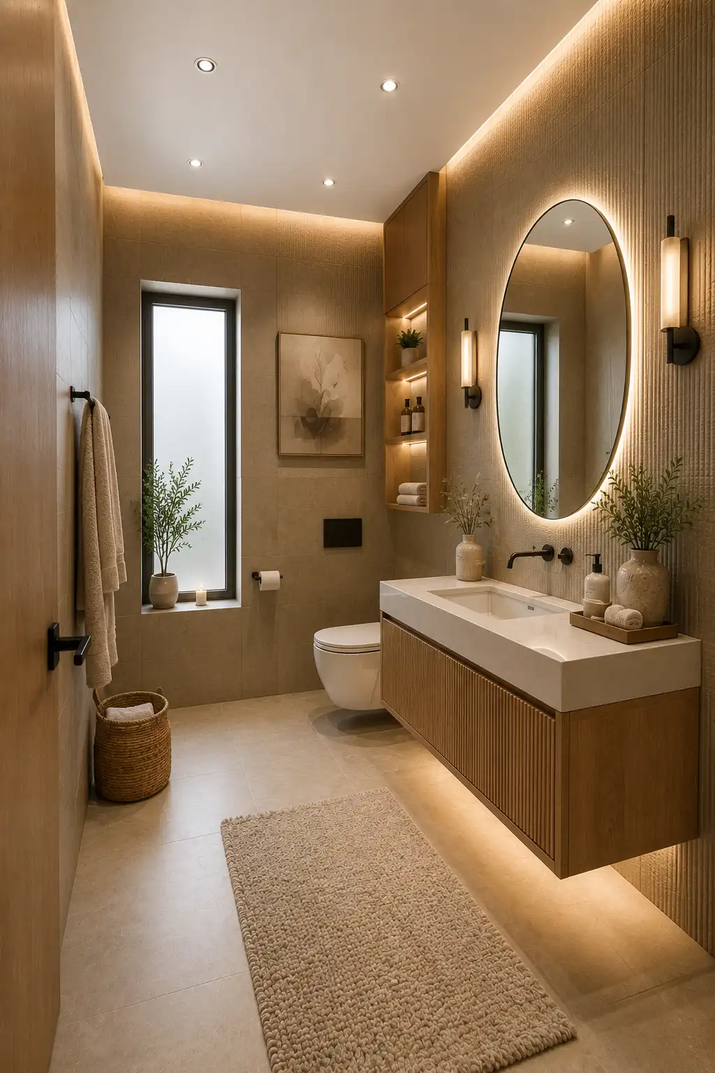 Luxury olive green earth tone bathroom featuring a fluted olive vanity, oversized oval LED mirror, frameless glass walk in shower, matte black fixtures, warm beige stone look tiles, natural wood accents, indoor greenery, and elegant modern bathroom design.