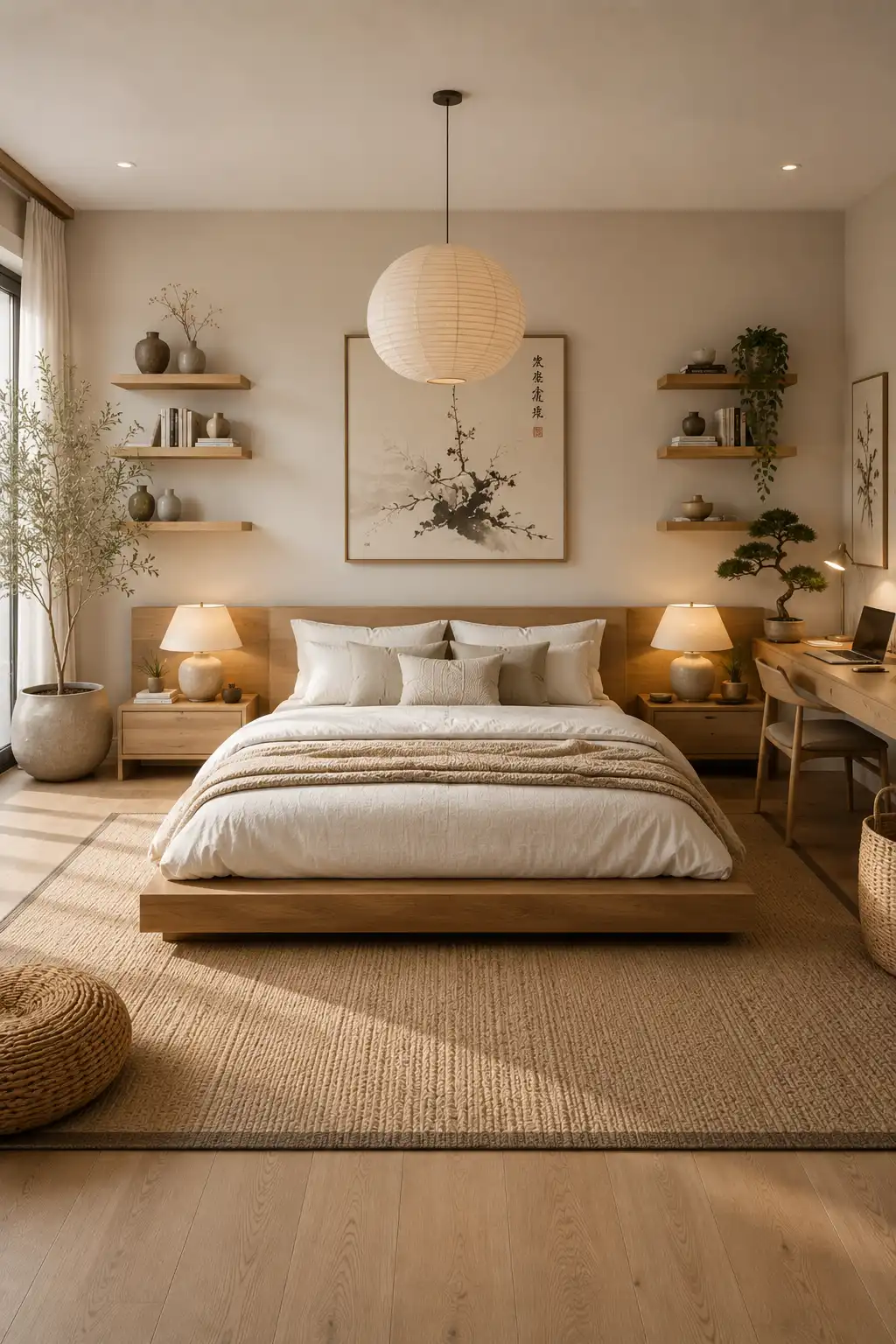 Minimalist Japandi teen bedroom featuring light wood platform bed, neutral linen bedding, floating shelves, paper pendant light, woven rug, indoor plants, simple study desk, natural textures, and calming modern bedroom inspiration.