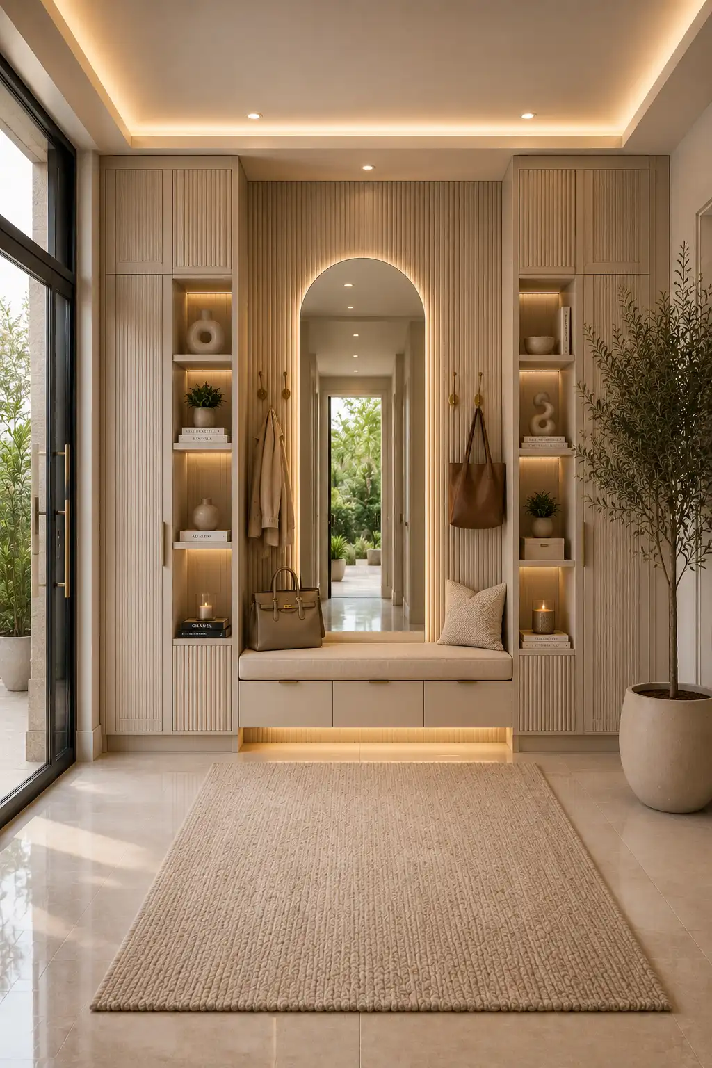 Elegant cashmere beige entryway storage featuring fluted floor to ceiling cabinetry, hidden shoe drawers, built in bench, arched mirror, brass coat hooks, LED lighting, porcelain flooring, and luxury home entryway organization with modern styling.