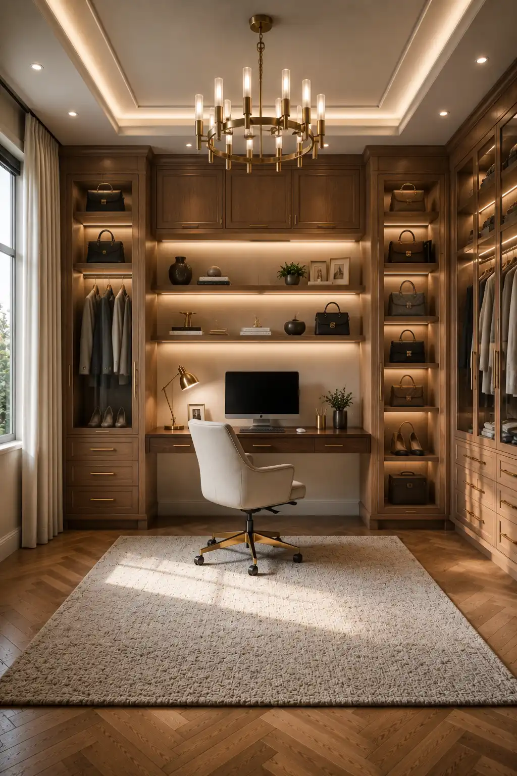 Luxury walk in closet home office featuring a built in walnut desk, custom wardrobe cabinetry, illuminated shelving, elegant brass hardware, ergonomic office chair, organized storage, warm lighting, and a stylish multifunctional workspace.