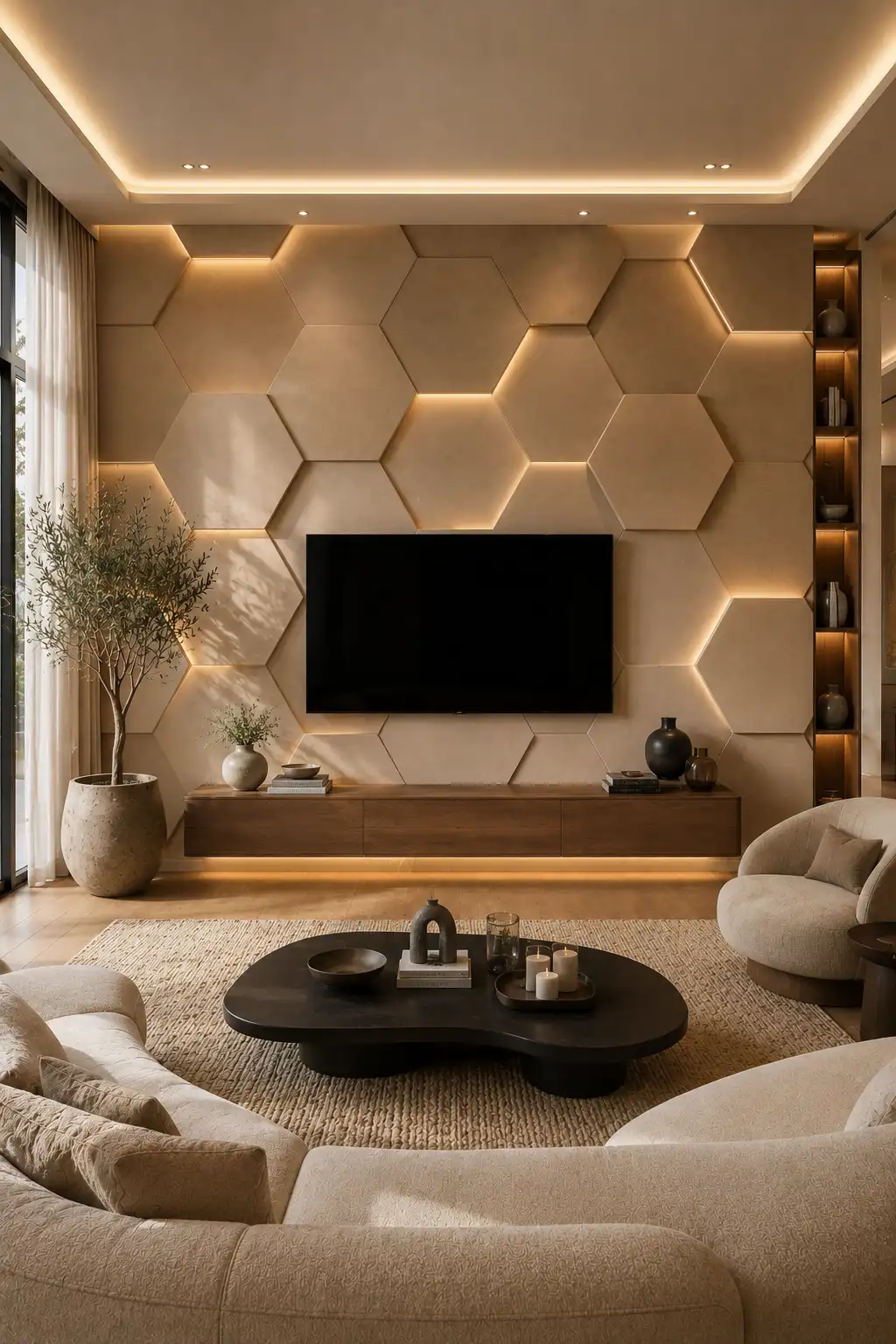 Oversized hexagon 3D TV wall with textured geometric wall panels, floating walnut media console, integrated LED lighting, modern neutral furnishings, luxury architectural details, and a premium designer living room with custom interiors.