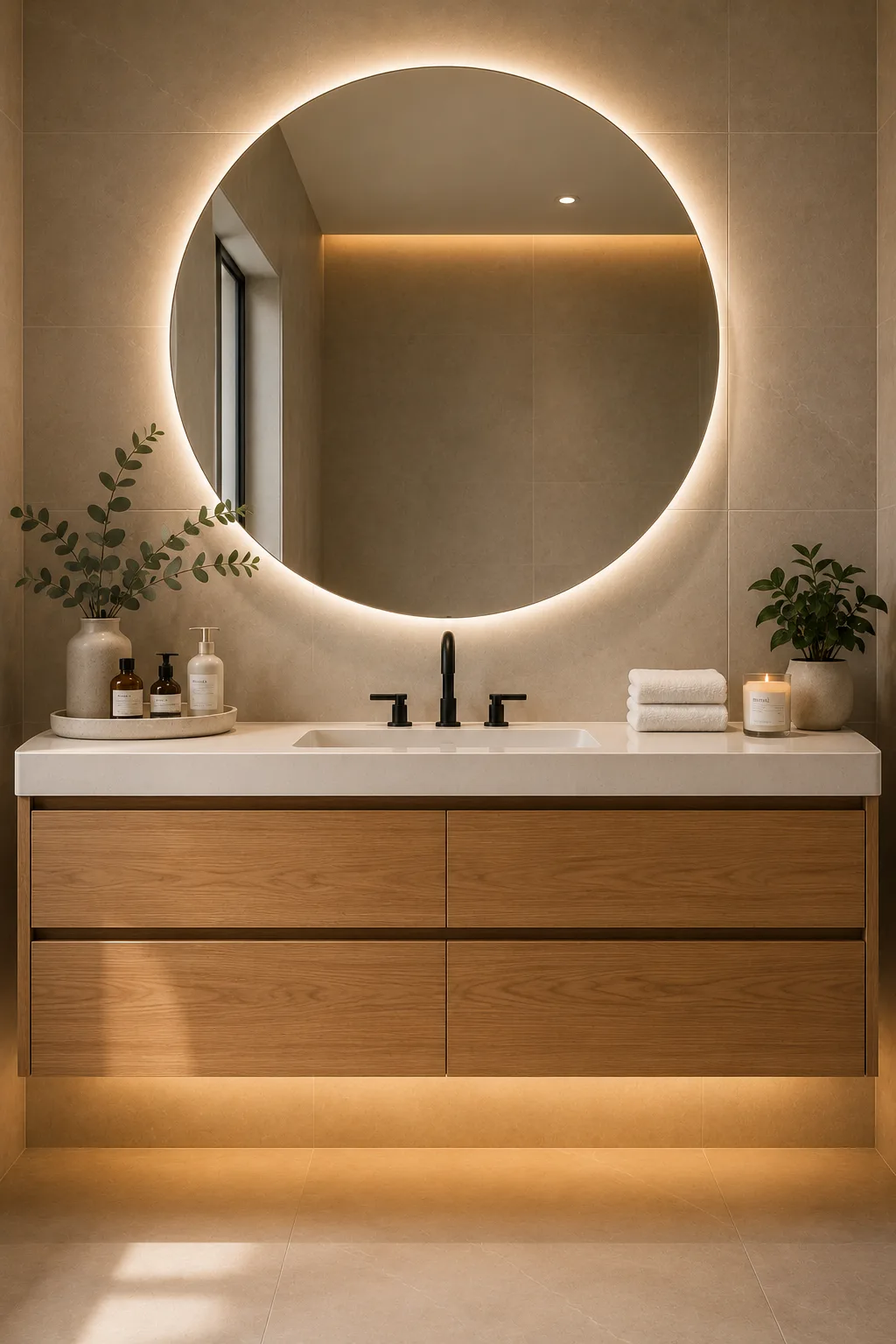 Large round LED backlit bathroom mirror above floating oak vanity with white quartz countertop, matte black faucet, warm ambient lighting, ceramic accessories, and luxury modern small bathroom vanity inspiration.