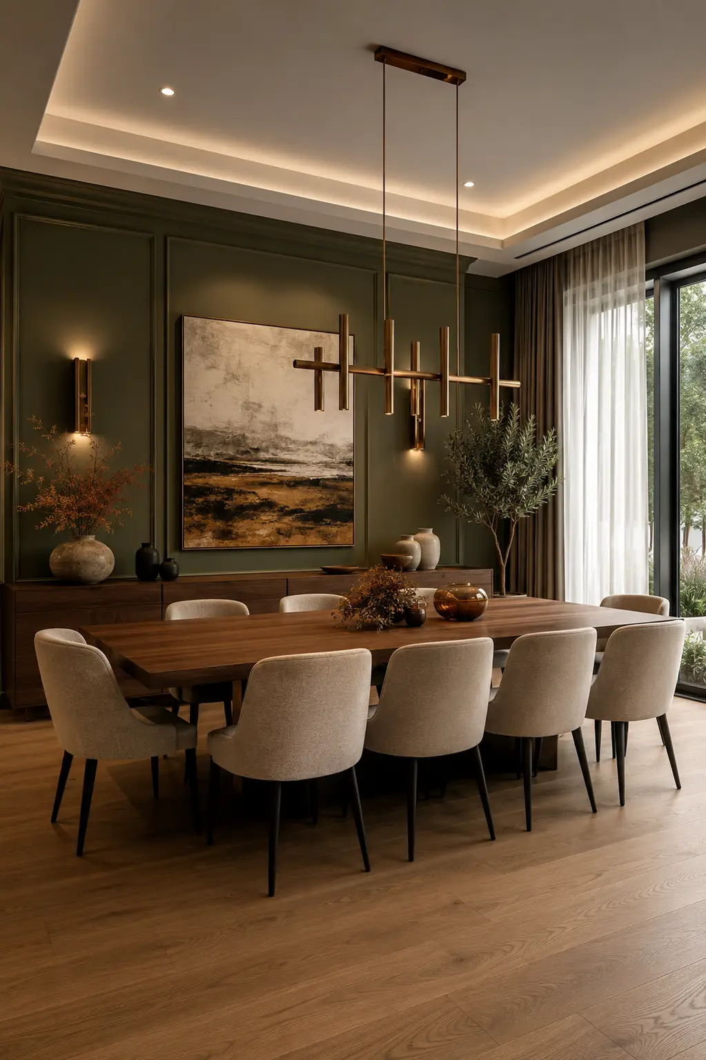 Luxury olive green dining room with a solid walnut dining table, upholstered cream dining chairs, bronze linear chandelier, olive accent wall, contemporary artwork, warm oak flooring, elegant ceramic decor, autumn centerpiece, modern luxury dining room, sophisticated fall home decorating inspiration.