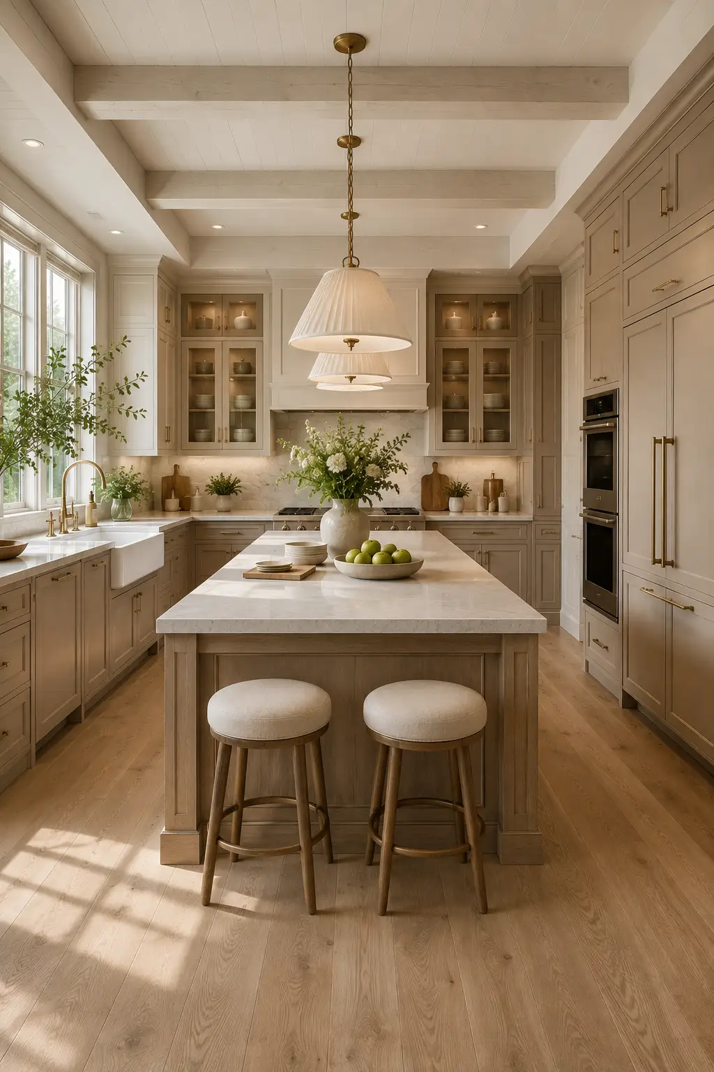 Luxury warm greige and cream kitchen featuring greige cabinetry, creamy quartz countertops, oak flooring, brass hardware, glass display cabinets, oversized windows, designer pendant lights, and a timeless neutral kitchen color palette for 2026.