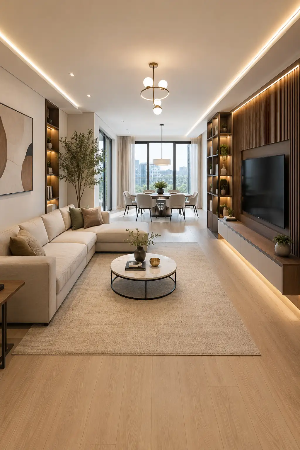 Parallel sofa layout in a long small open living room featuring a cream three seat sofa, oversized neutral rug, round coffee table, walnut media wall with built-in shelving, open dining room, floor-to-ceiling windows, natural oak flooring, luxury apartment decor, and modern open concept design.