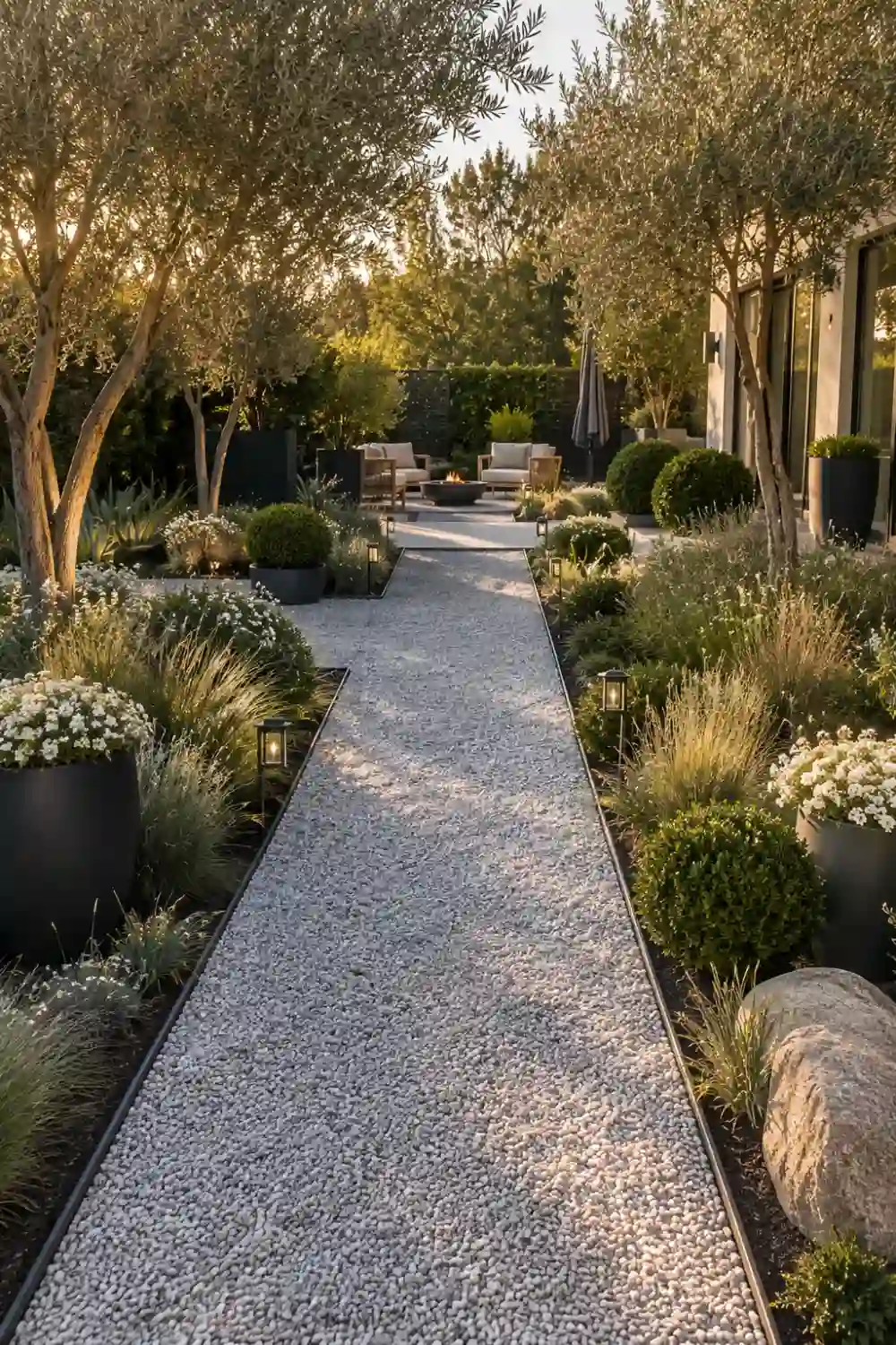 Modern white gravel garden path featuring black steel edging, sculptural olive trees, ornamental grasses, luxury planters, and contemporary landscaping, creating a clean minimalist backyard walkway with elegant curb appeal.
