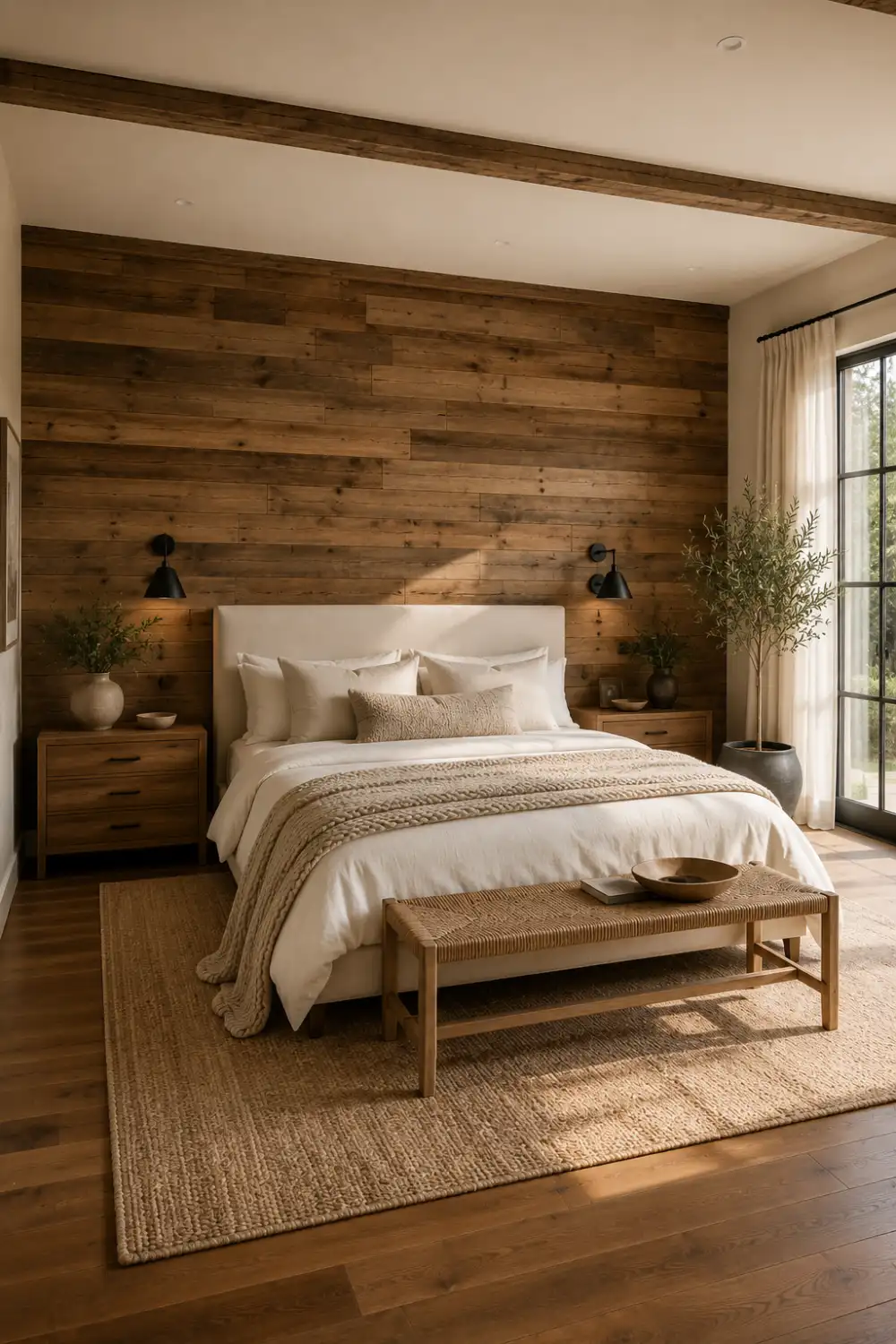 Luxury modern rustic bedroom featuring a reclaimed wood accent wall behind a king size upholstered bed, white linen bedding, wooden nightstands, matte black wall sconces, woven bench, textured area rug, floor to ceiling windows, linen curtains, indoor olive tree, and warm natural morning light for cozy bedroom inspiration.