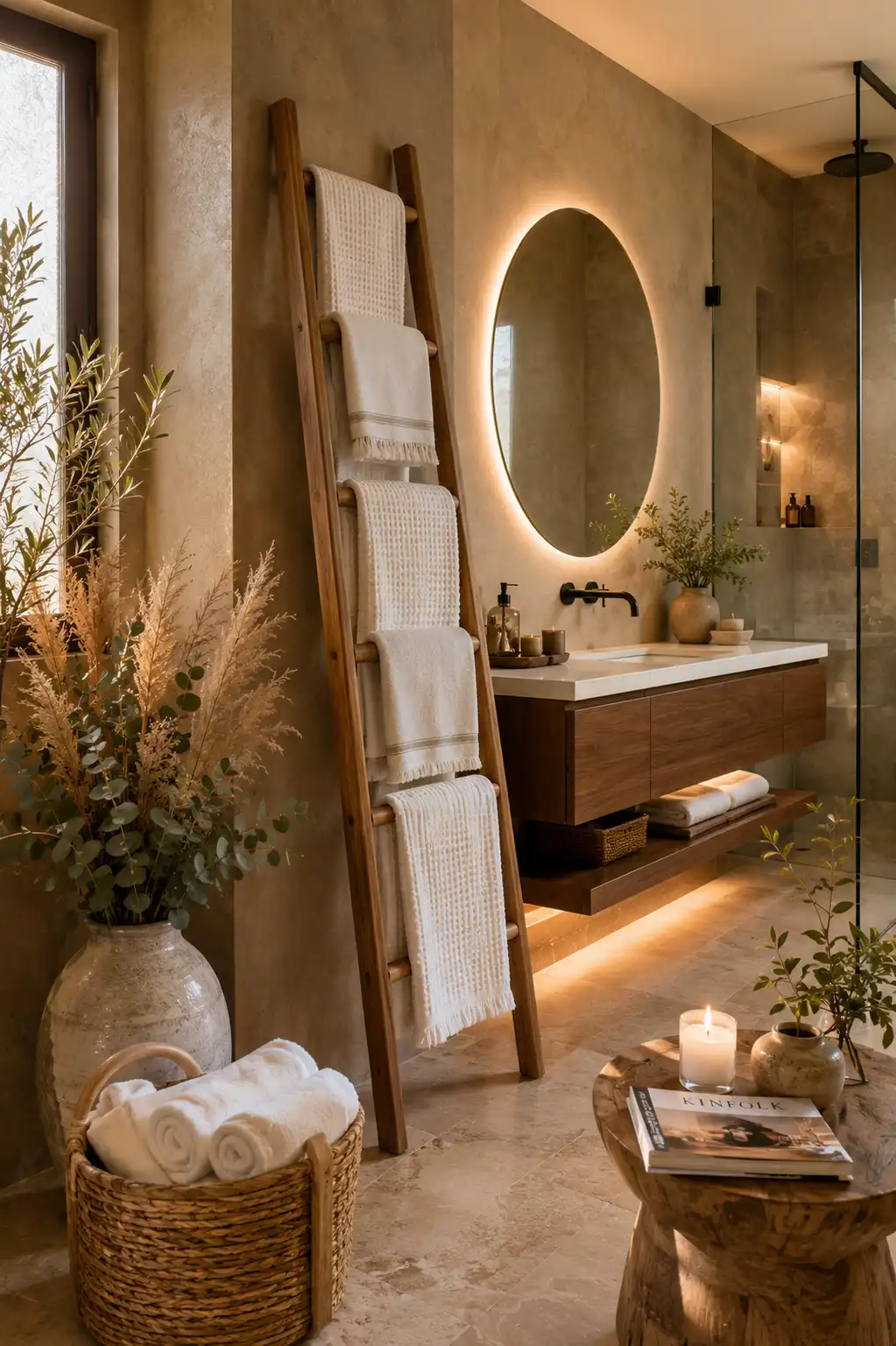 Modern guest bathroom featuring a wooden towel ladder styled with white waffle towels, woven baskets, pampas grass, candles, greenery, and a floating vanity creating a cozy spa inspired bathroom corner.