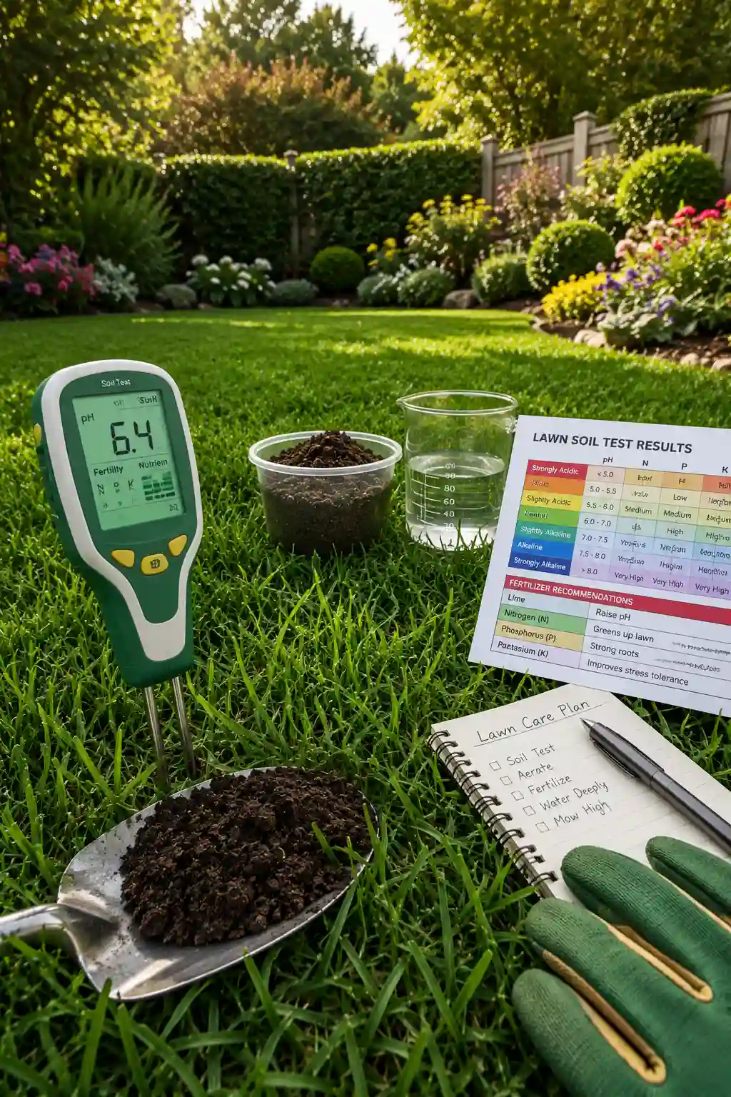 Digital soil testing kit measuring lawn soil pH beside fresh soil samples, healthy grass, gardening tools, and lawn care planning to improve soil nutrients, stronger root growth, greener lawns, and long term backyard maintenance.