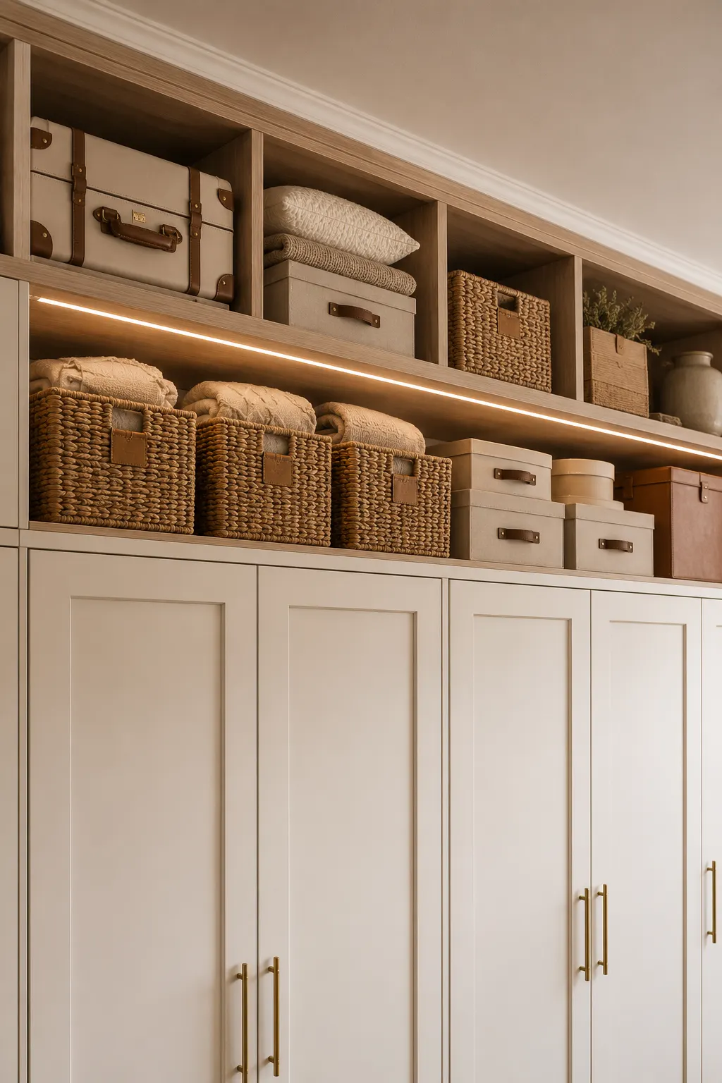Decorative woven storage baskets placed above a modern wardrobe with extra blankets, seasonal clothing, and storage boxes, making use of vertical space for stylish bedroom organization in a compact room.