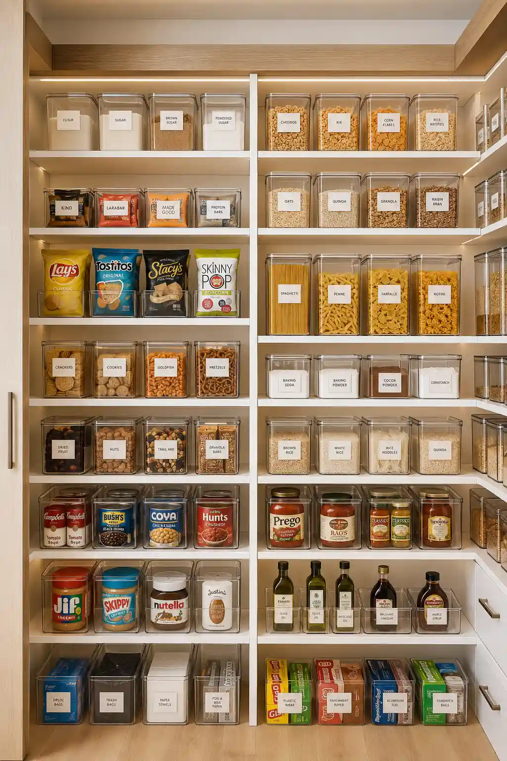 Elegant pantry organized with clear acrylic storage bins holding cereals, snacks, baking ingredients, canned foods, pasta, oils, pantry essentials, white cabinetry, natural oak shelving, warm LED lighting, and luxury pantry organization ideas for modern kitchens.