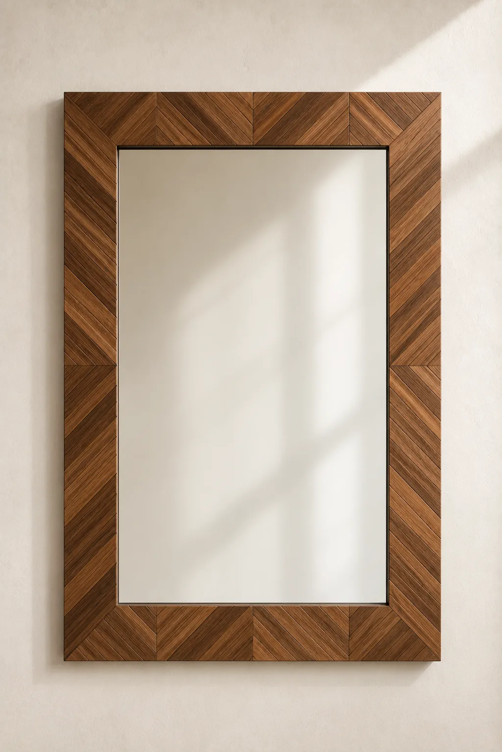 Chevron wood mirror frame featuring a handcrafted rectangular wall mirror with precisely cut wooden strips arranged in a striking chevron pattern using rich walnut wood tones. Mounted on a soft plaster wall, this DIY mirror frame is perfect for modern farmhouse décor, entryway mirrors, luxury wood wall art, contemporary interiors, and custom woodworking projects.