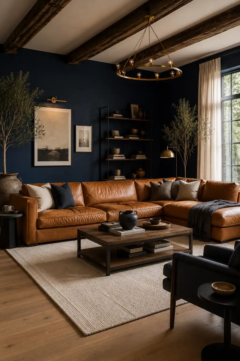 Modern dark blue and camel leather living room featuring rich dark blue walls, oversized camel leather sectional sofa, exposed rustic wood ceiling beams, black metal coffee table, textured ivory rug, industrial shelving, brass chandelier, decorative artwork, indoor olive trees, linen curtains, and warm wood flooring in a timeless luxury interior.
