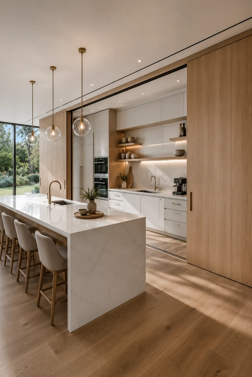 Luxury hidden kitchen wall with oversized floor to ceiling sliding panels revealing a modern white kitchen featuring handleless cabinets, floating shelves, integrated appliances, quartz countertops, warm LED lighting, open concept living, white oak cabinetry, and seamless contemporary kitchen design.