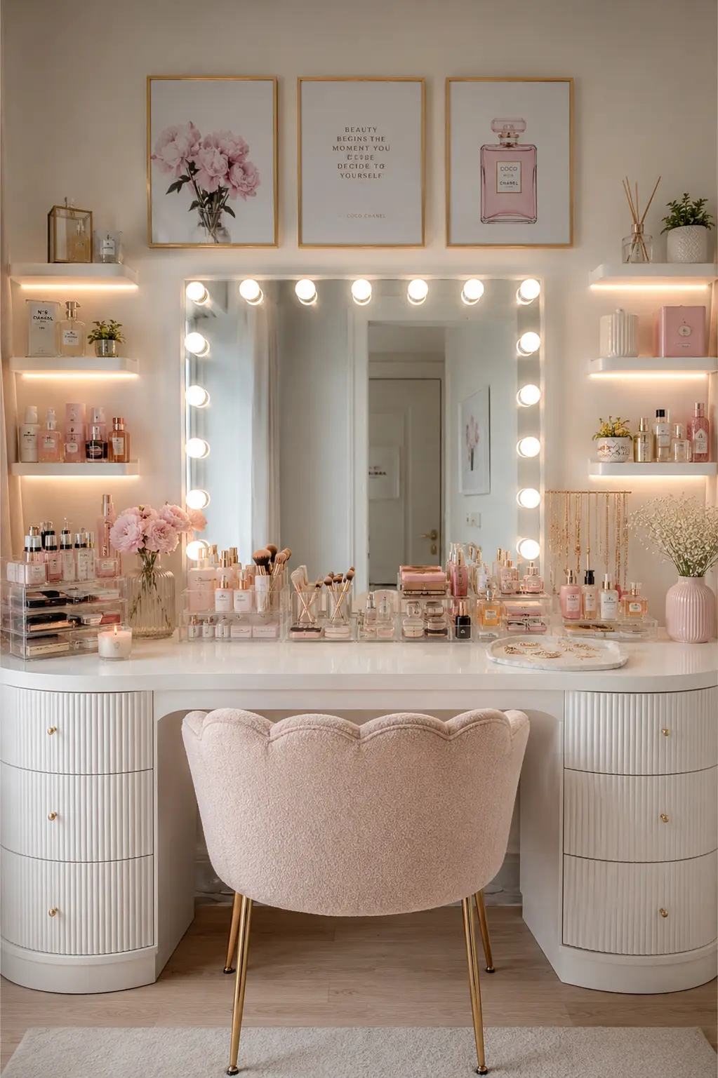 Luxury vanity corner with Hollywood mirror, fluted makeup desk, boucle chair, acrylic organizers, skincare, perfumes, warm lighting, and elegant teen girl bedroom beauty station inspiration.
