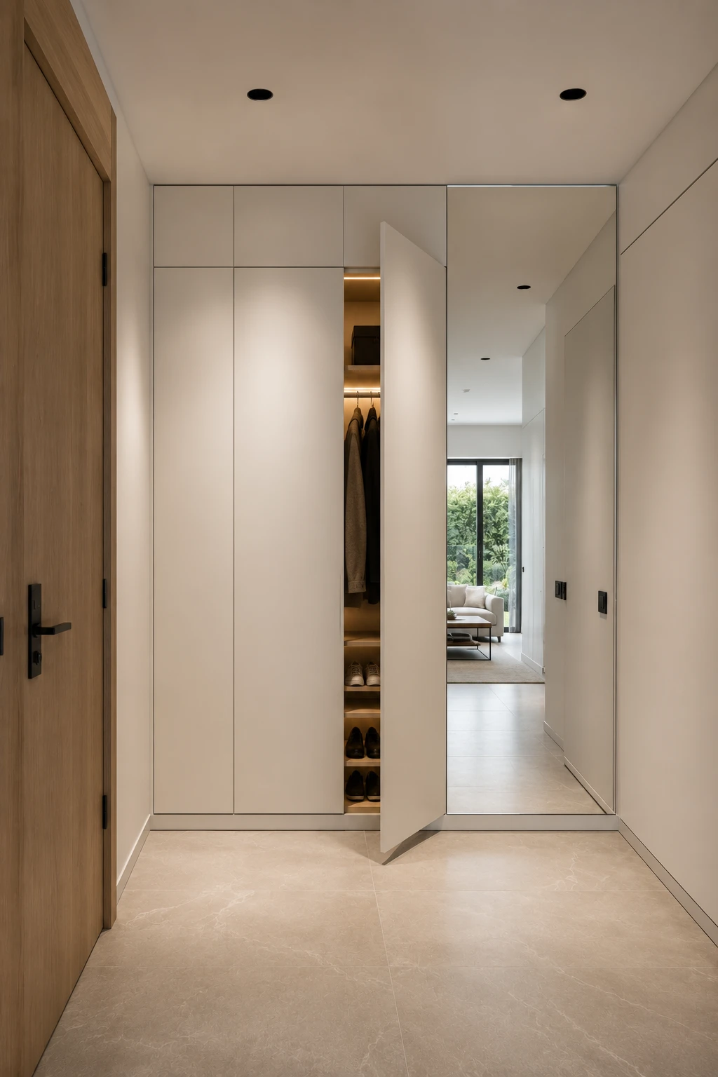 Modern minimalist entryway with flush floor to ceiling cabinet doors, hidden coat closet, concealed shoe storage, full height mirror, porcelain flooring, recessed ceiling lights, and a sleek clutter free home entrance with seamless cabinetry.